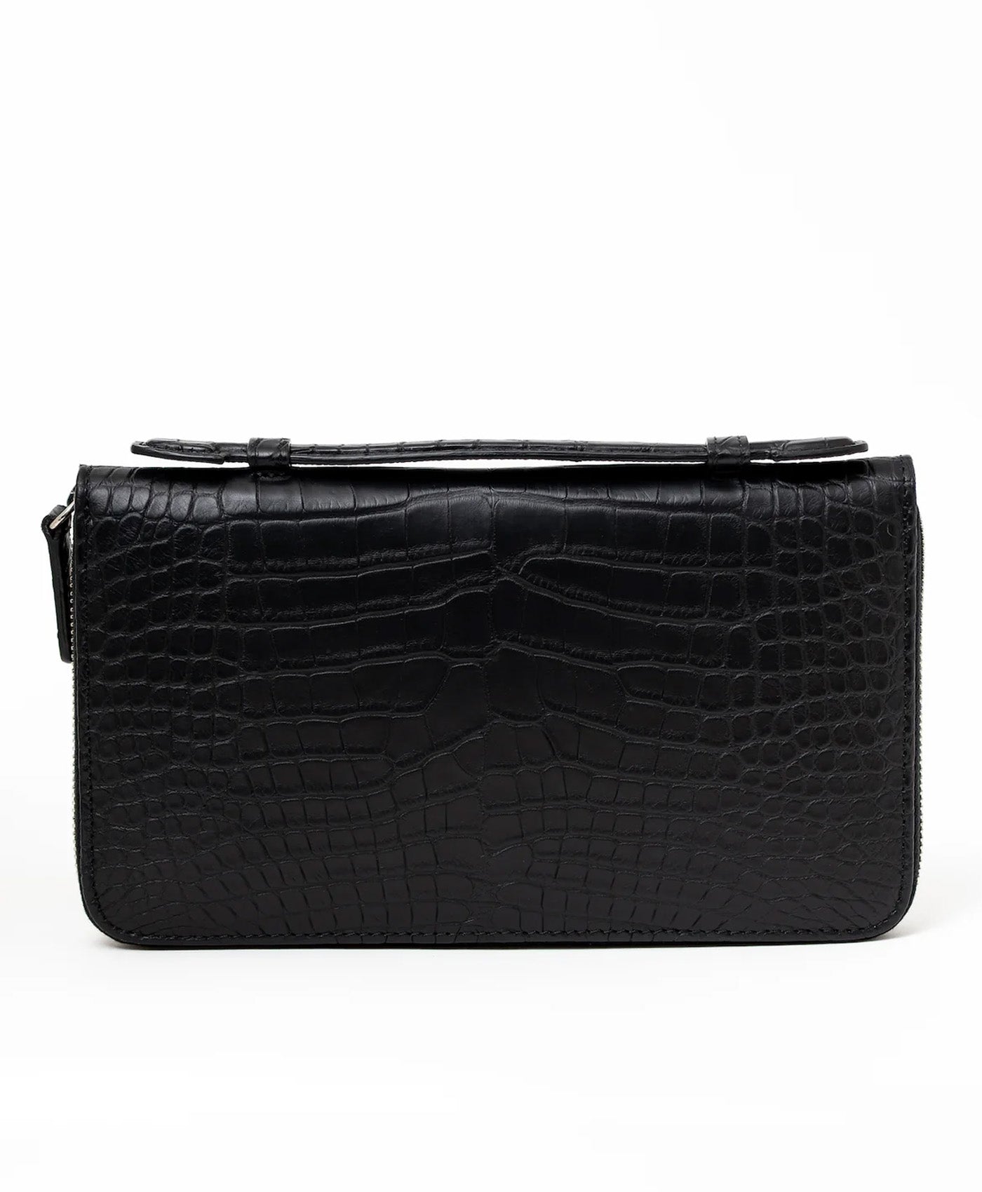 Portofel negru mat piele crocodil, de mana