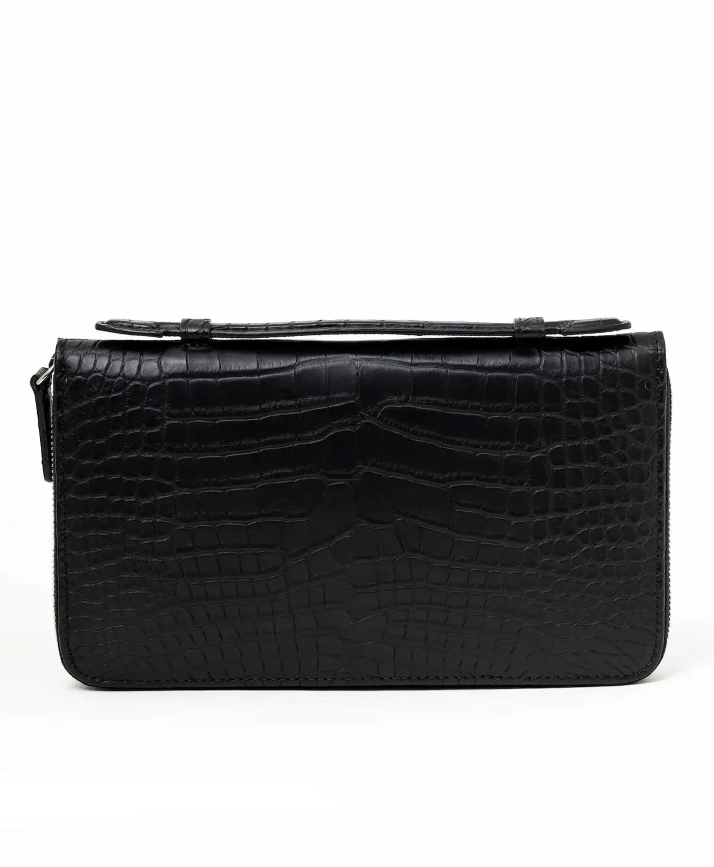 Portofel negru mat piele crocodil, de mana