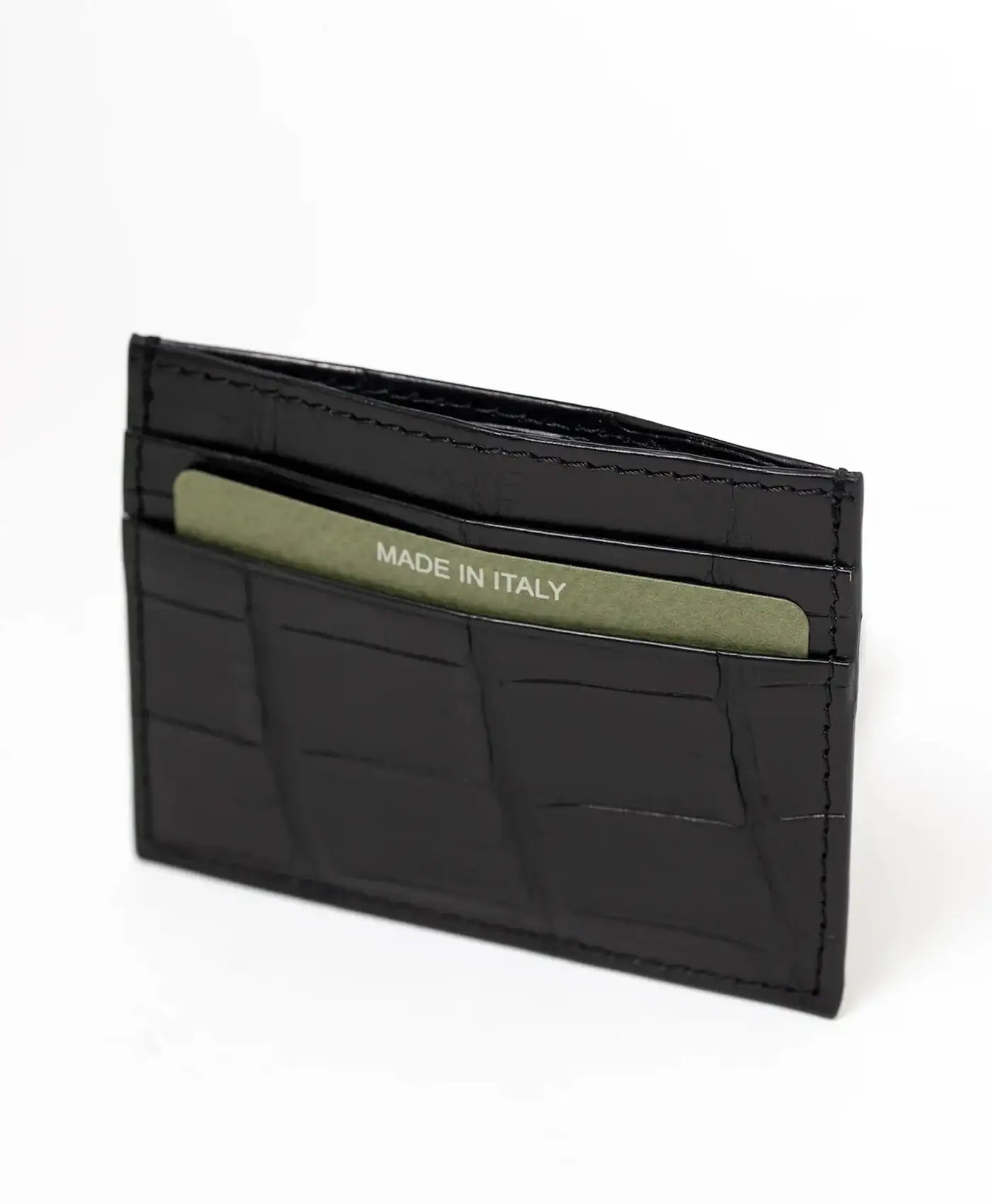 Port card clasic negru din piele crocodil