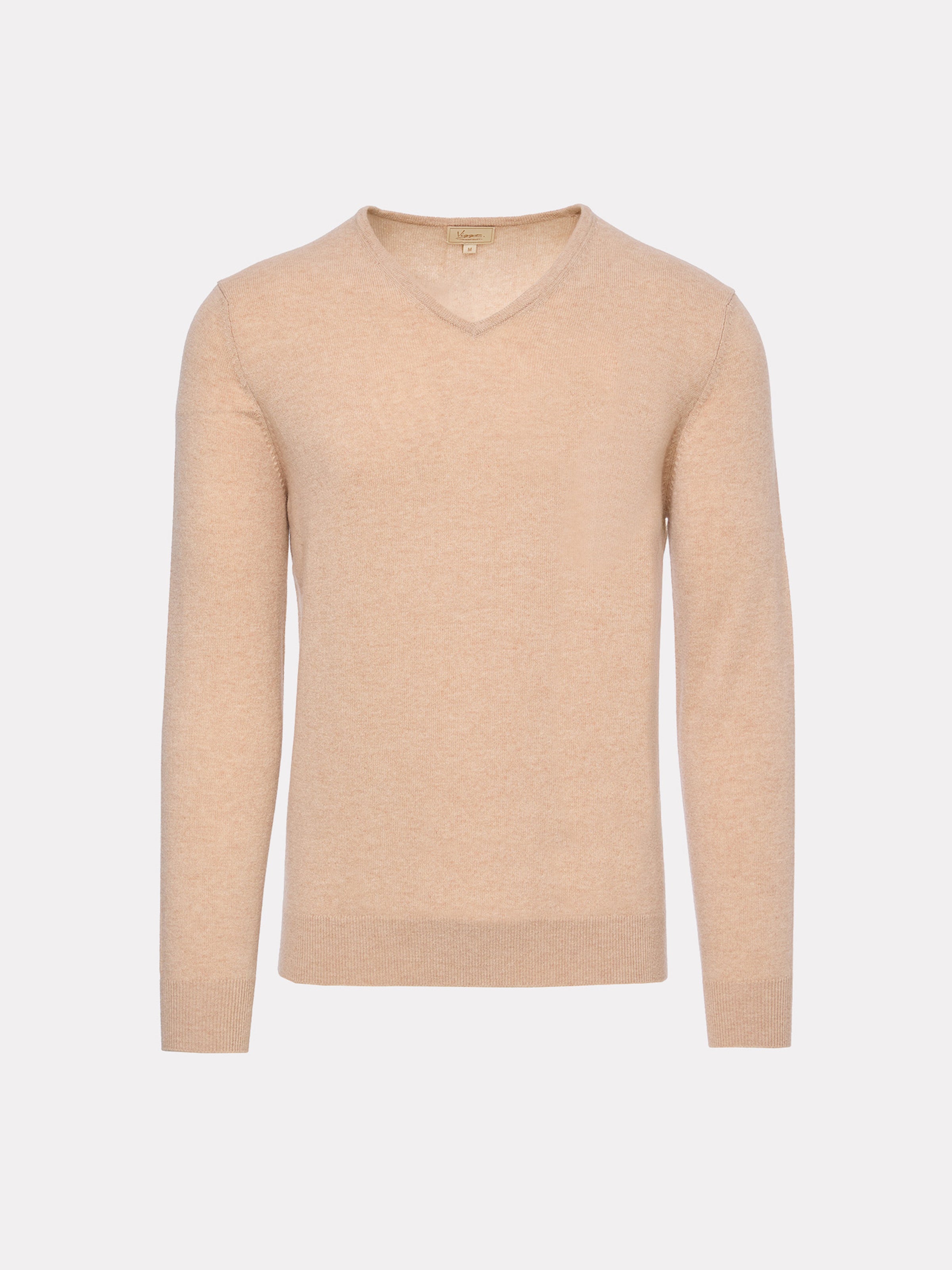 Pulover din lana merino si casmir, decolteu in V, beige