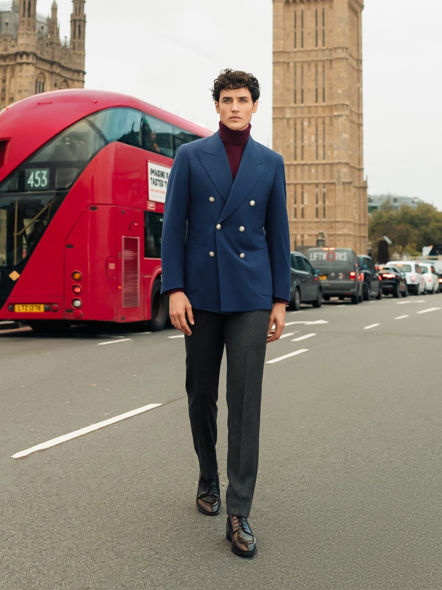 Sacou albastru texturat la doua randuri de nasturi, slim fit - Viggo