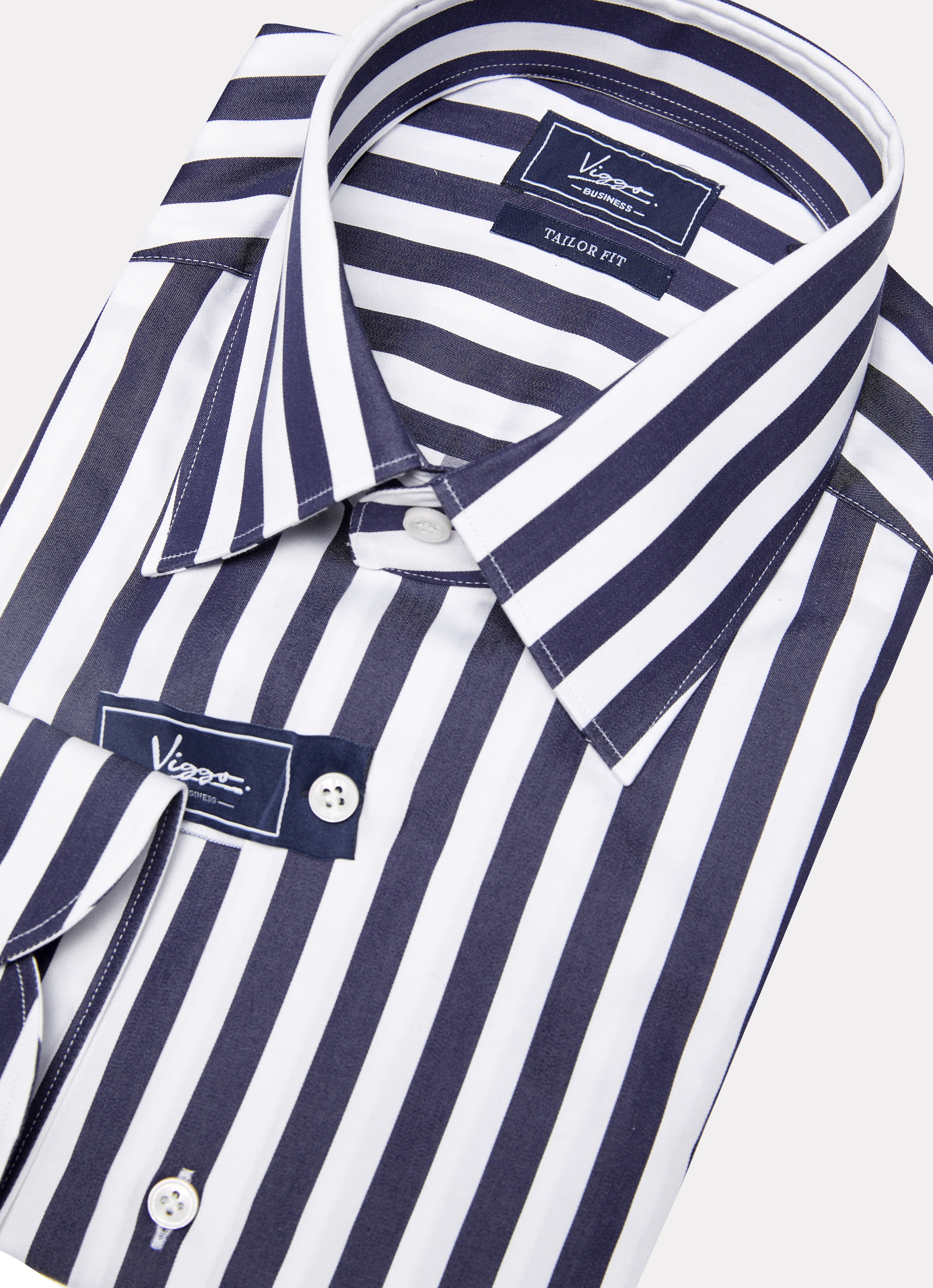 White shirt with wide navy stripes