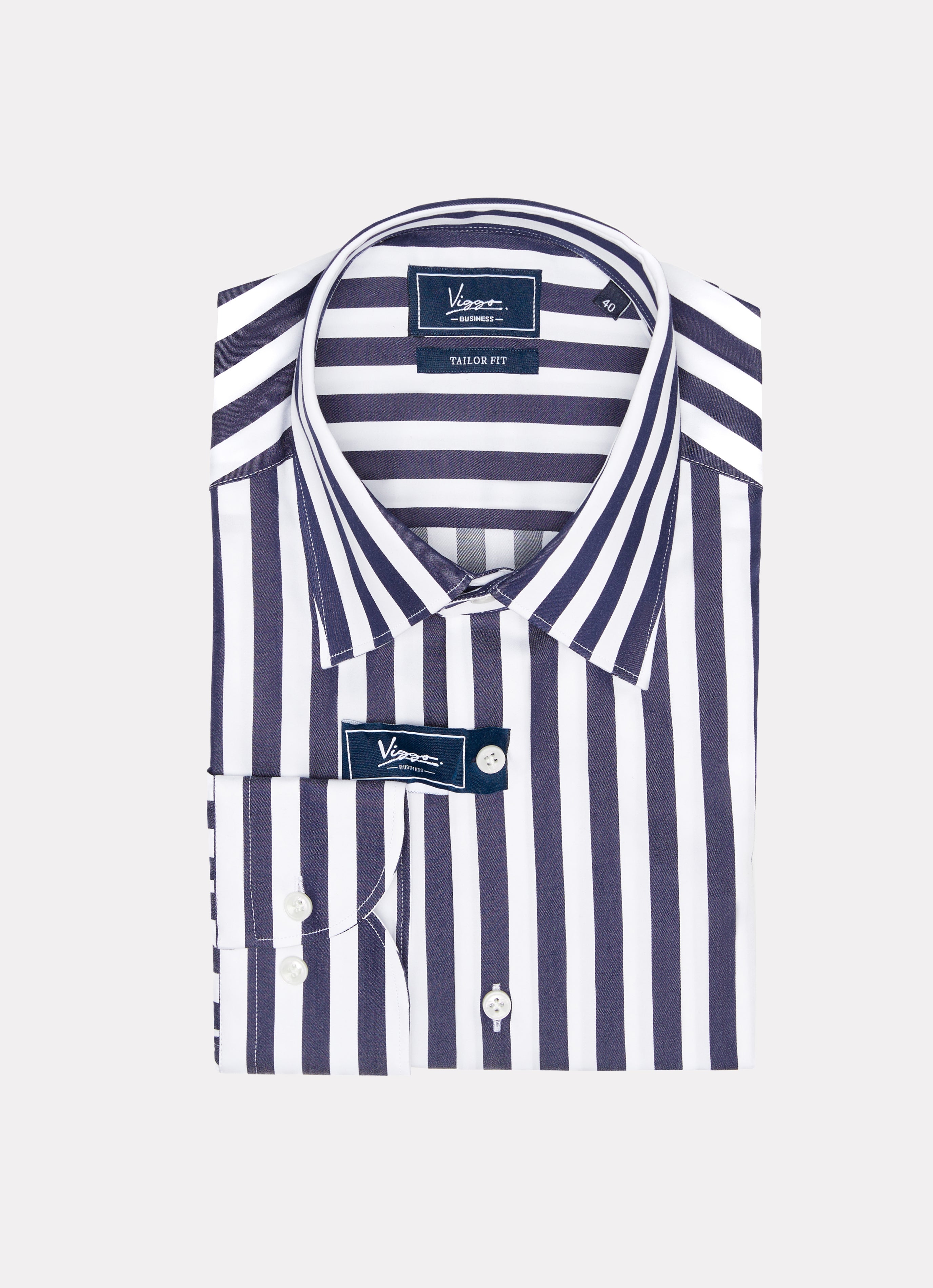 White shirt with wide navy stripes