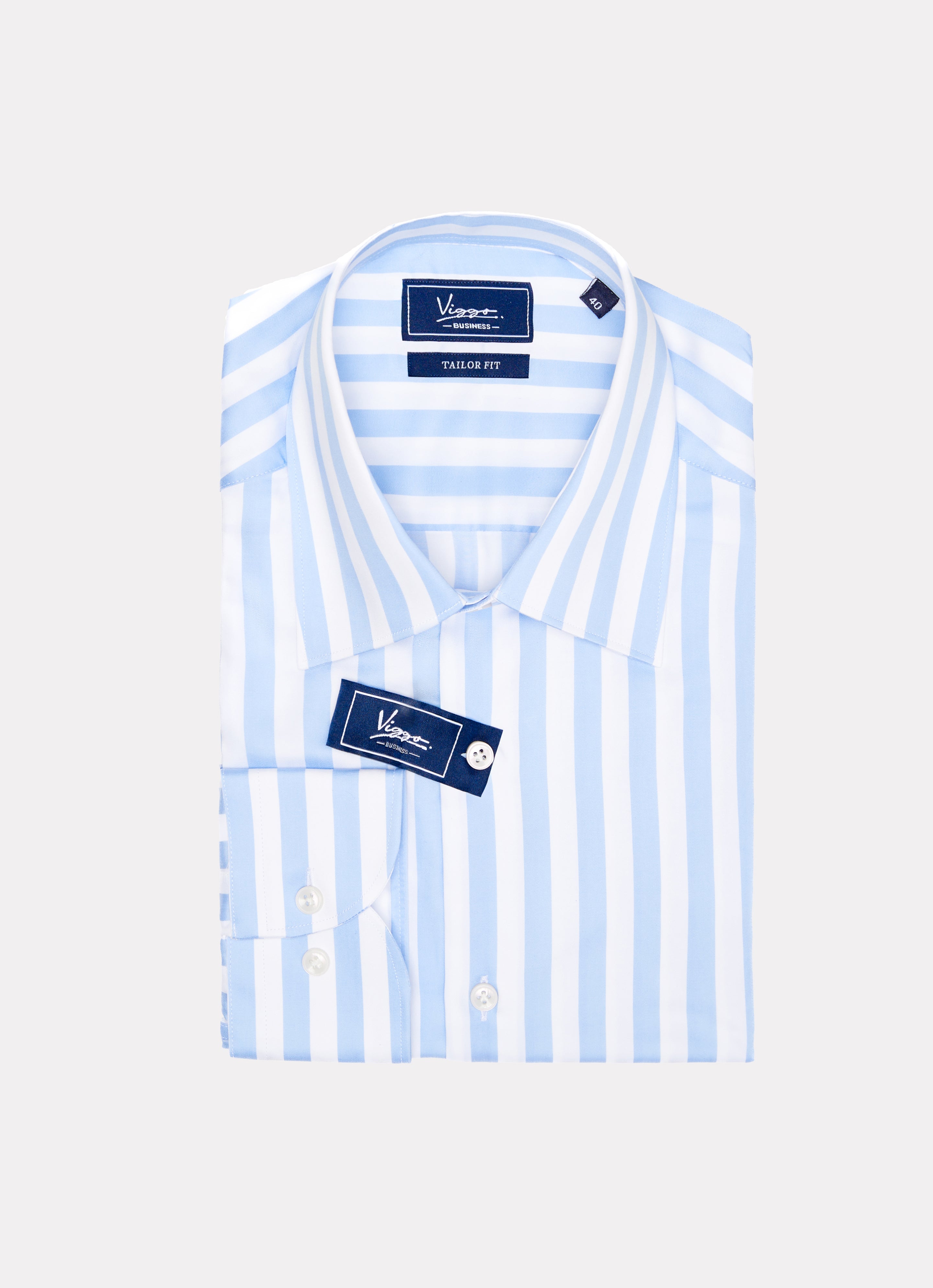 White shirt with wide blue stripes