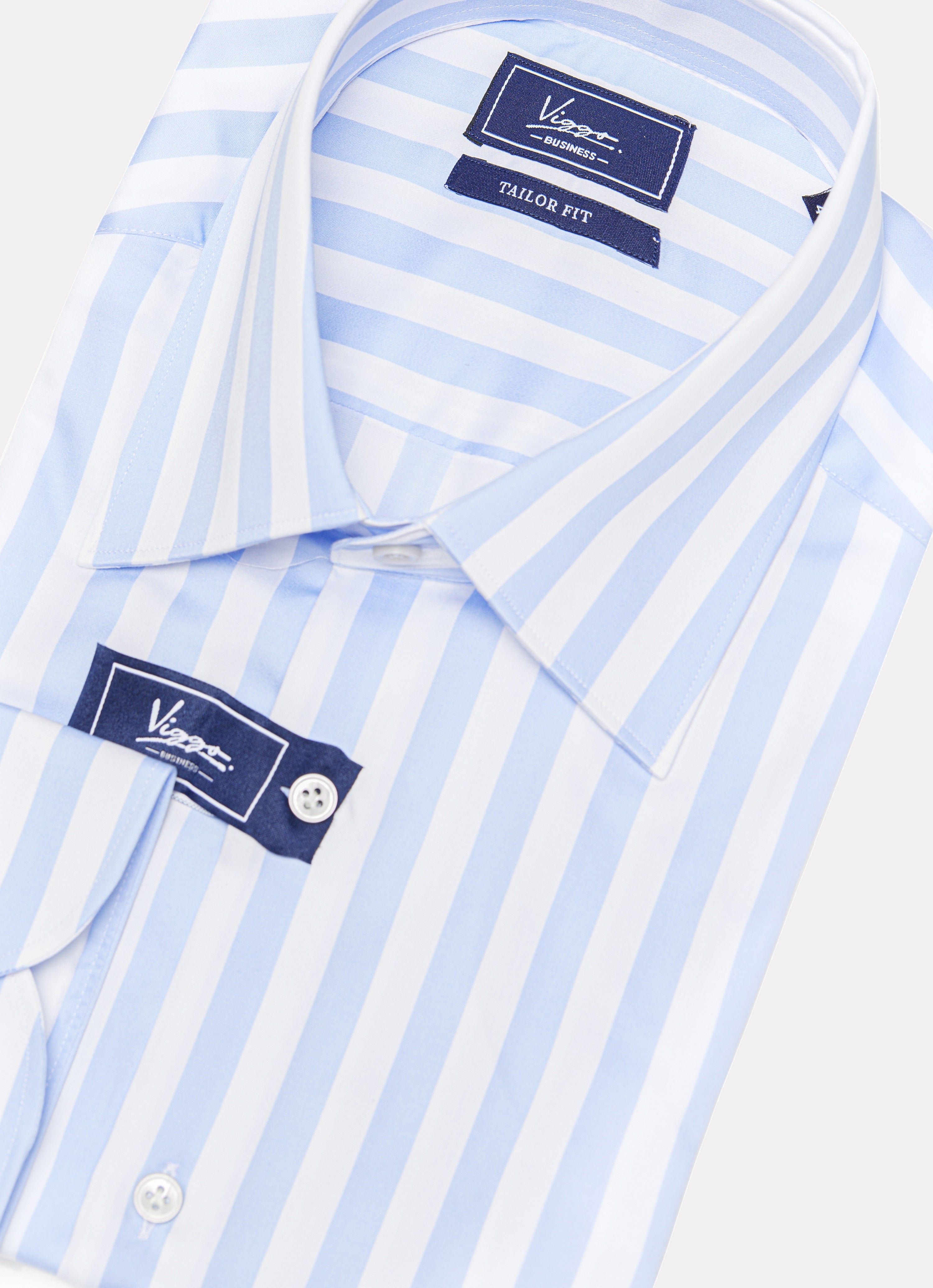 White shirt with wide blue stripes