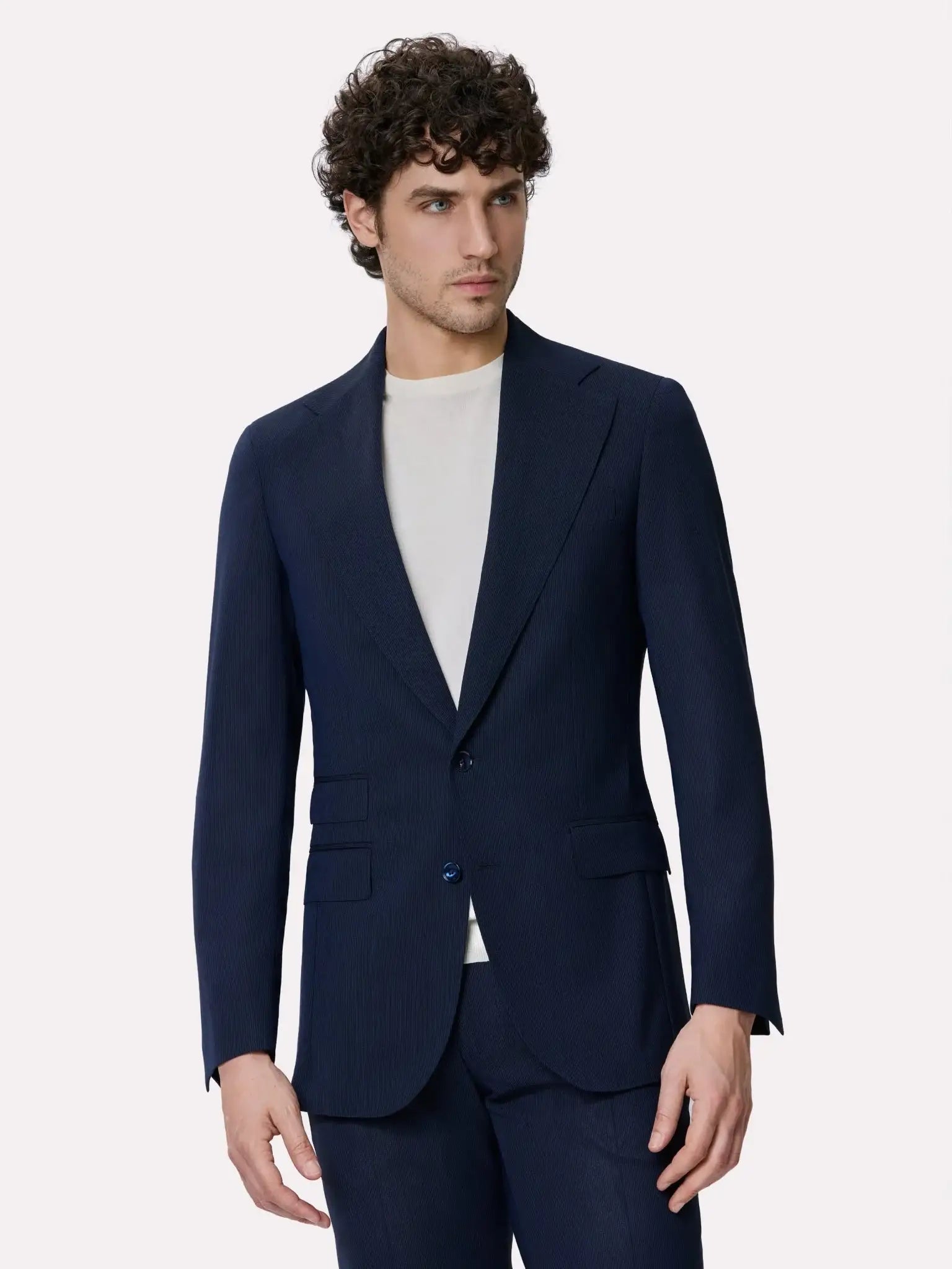 Tallia di Delfino fabric suit, made to measure, navy with fine stripes