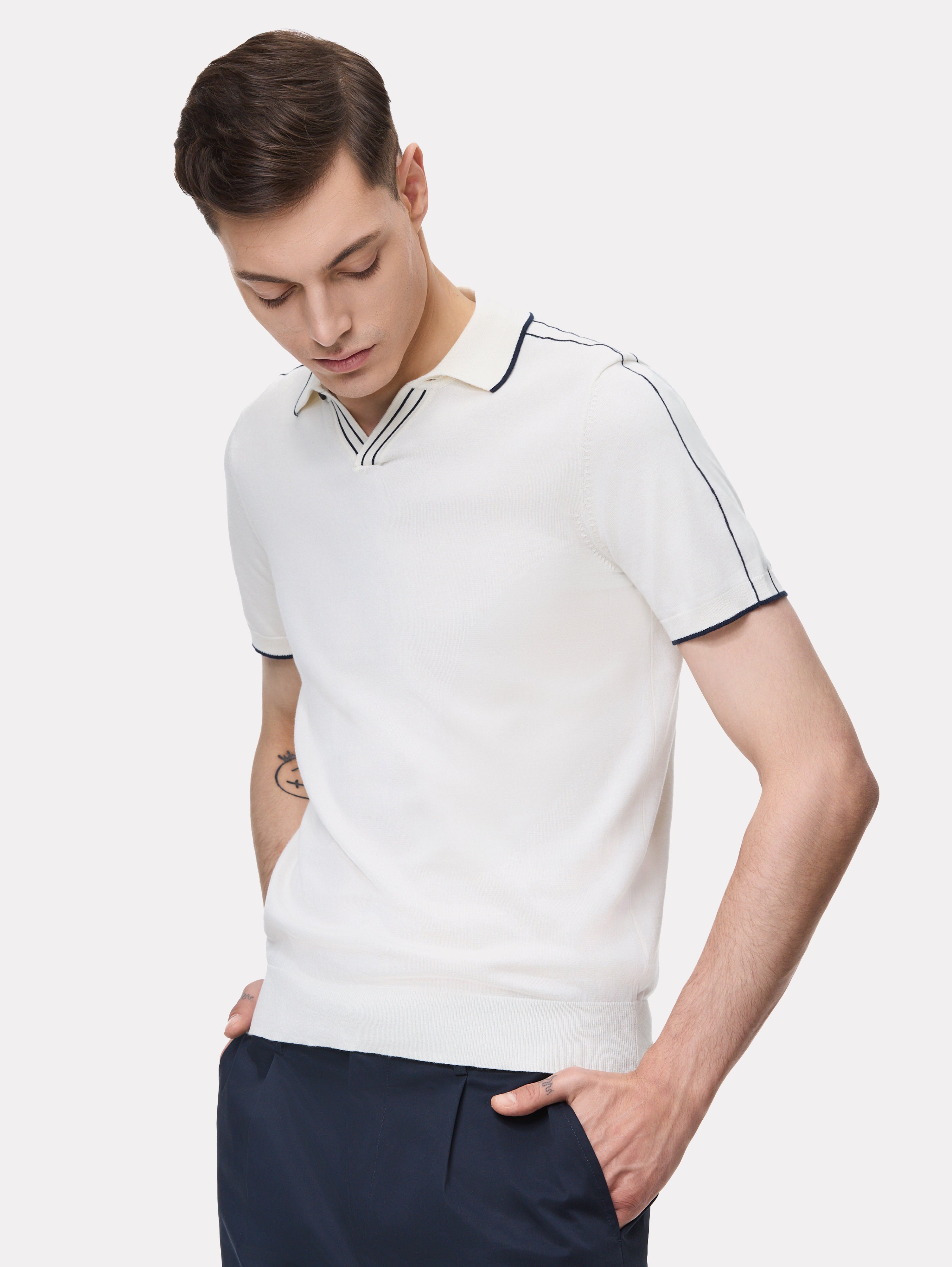 White polo shirt with navy stripes