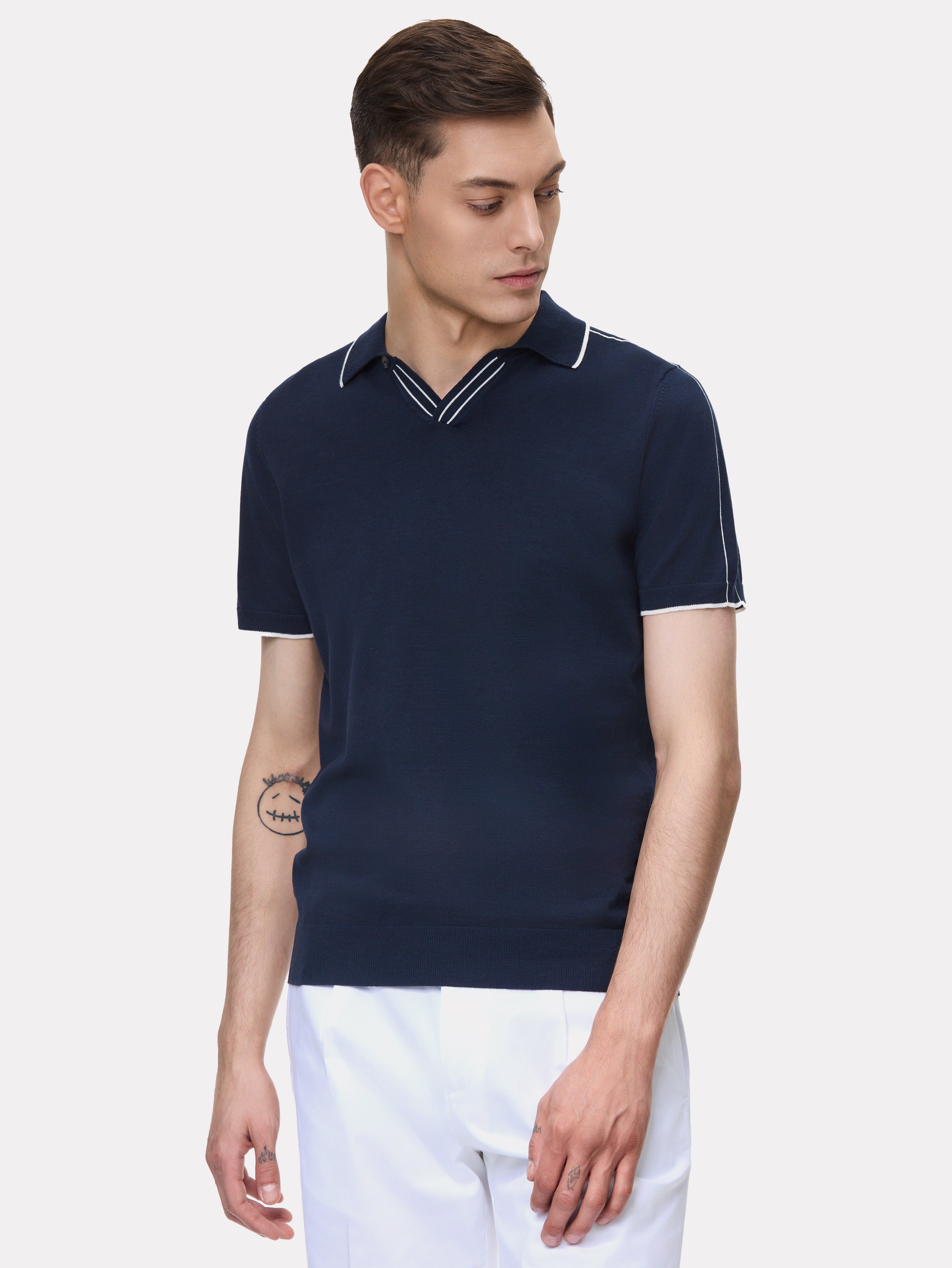 Navy polo shirt with white stripes