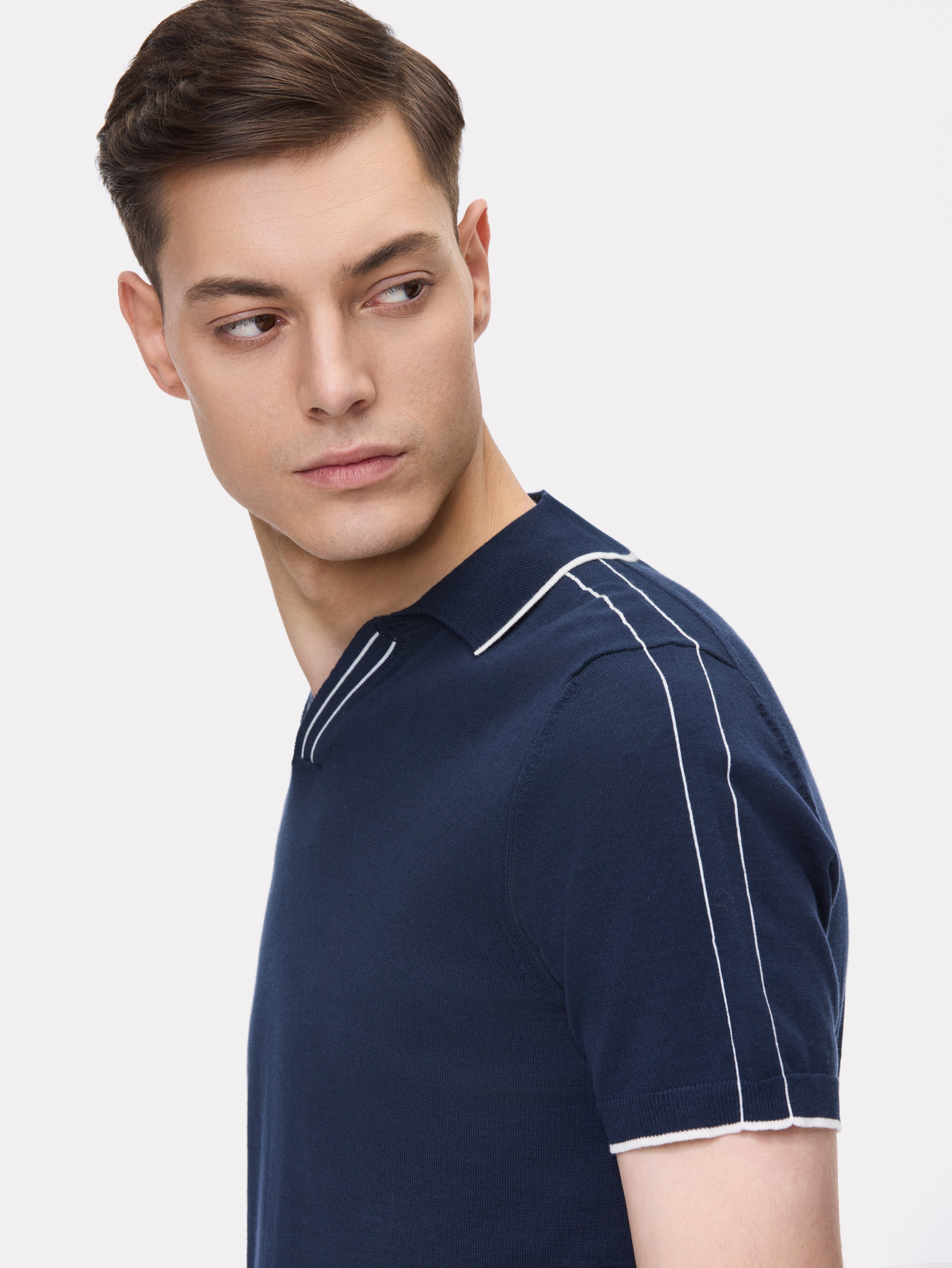 Navy polo shirt with white stripes