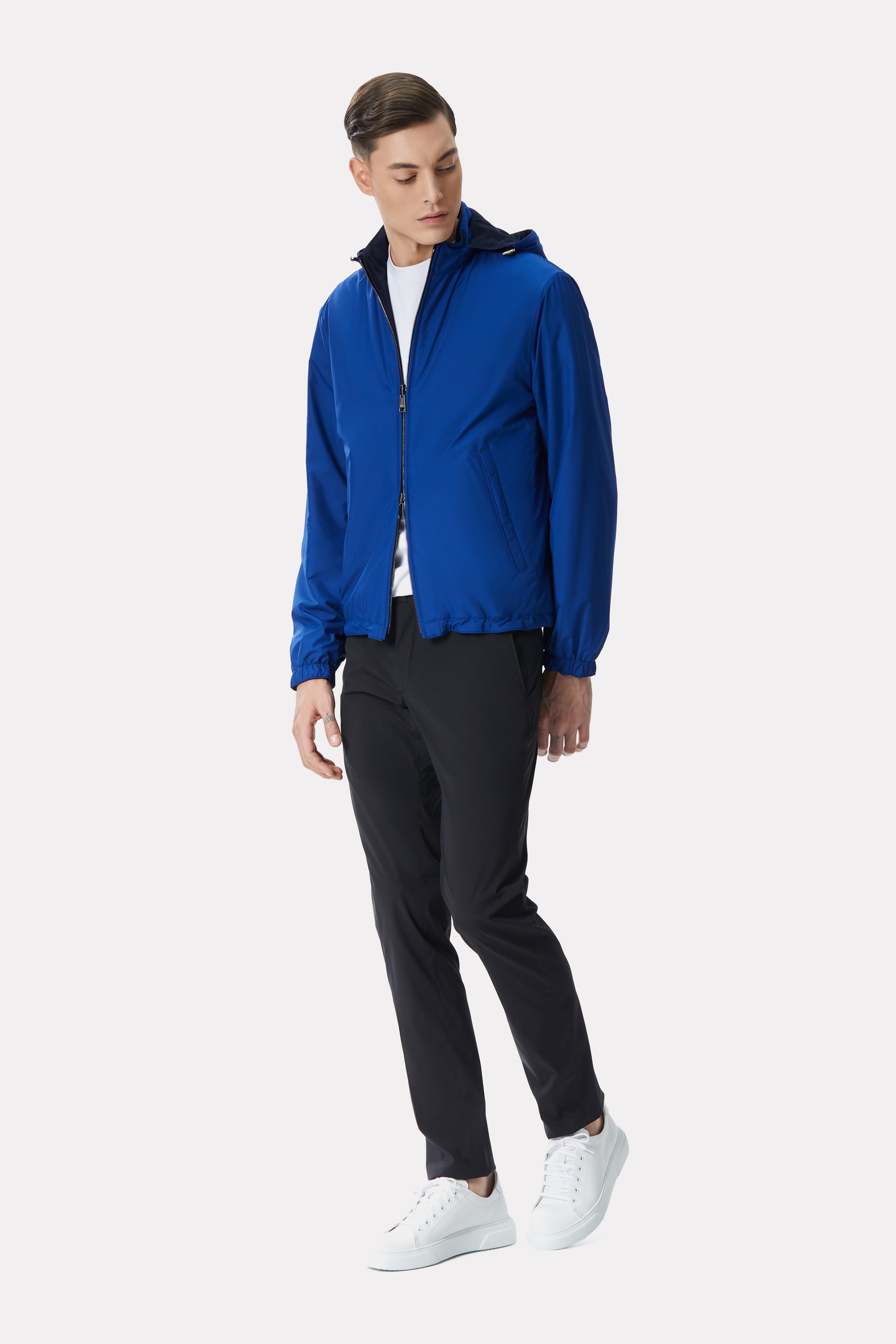 Blue/navy reversible jacket made of techno fabric and wool
