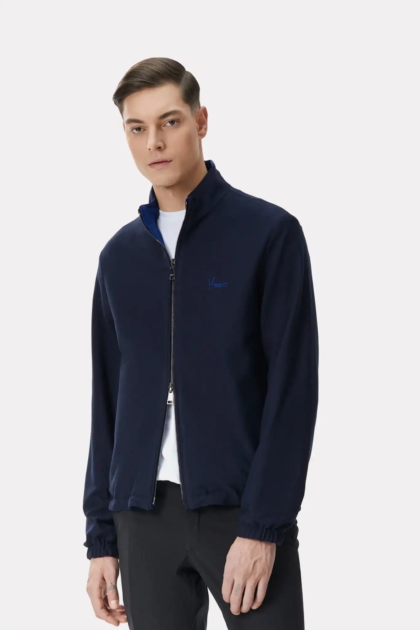 Jacheta reversibila albastru/navy din material tehno si lana