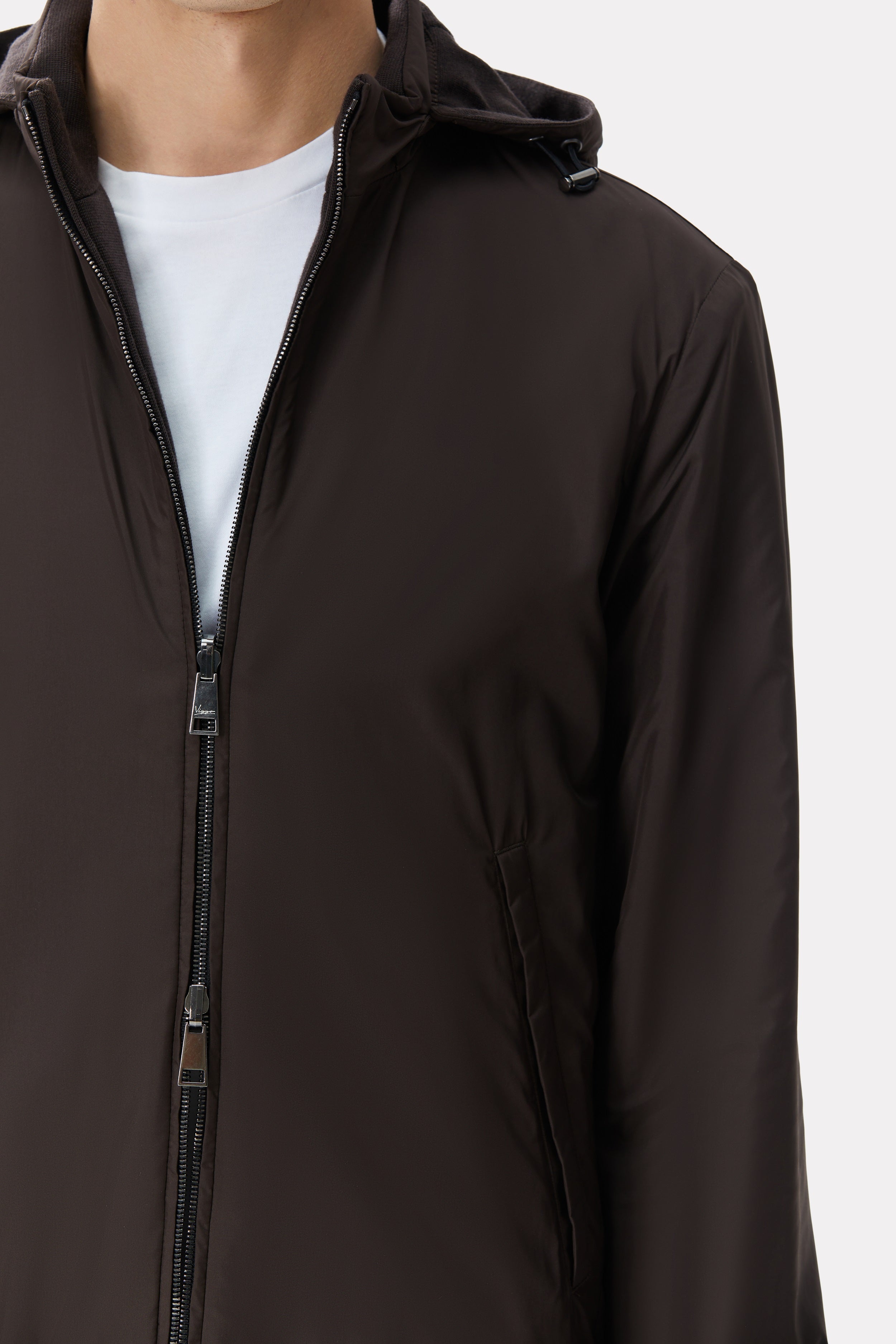Brown reversible jacket made of techno fabric and wool