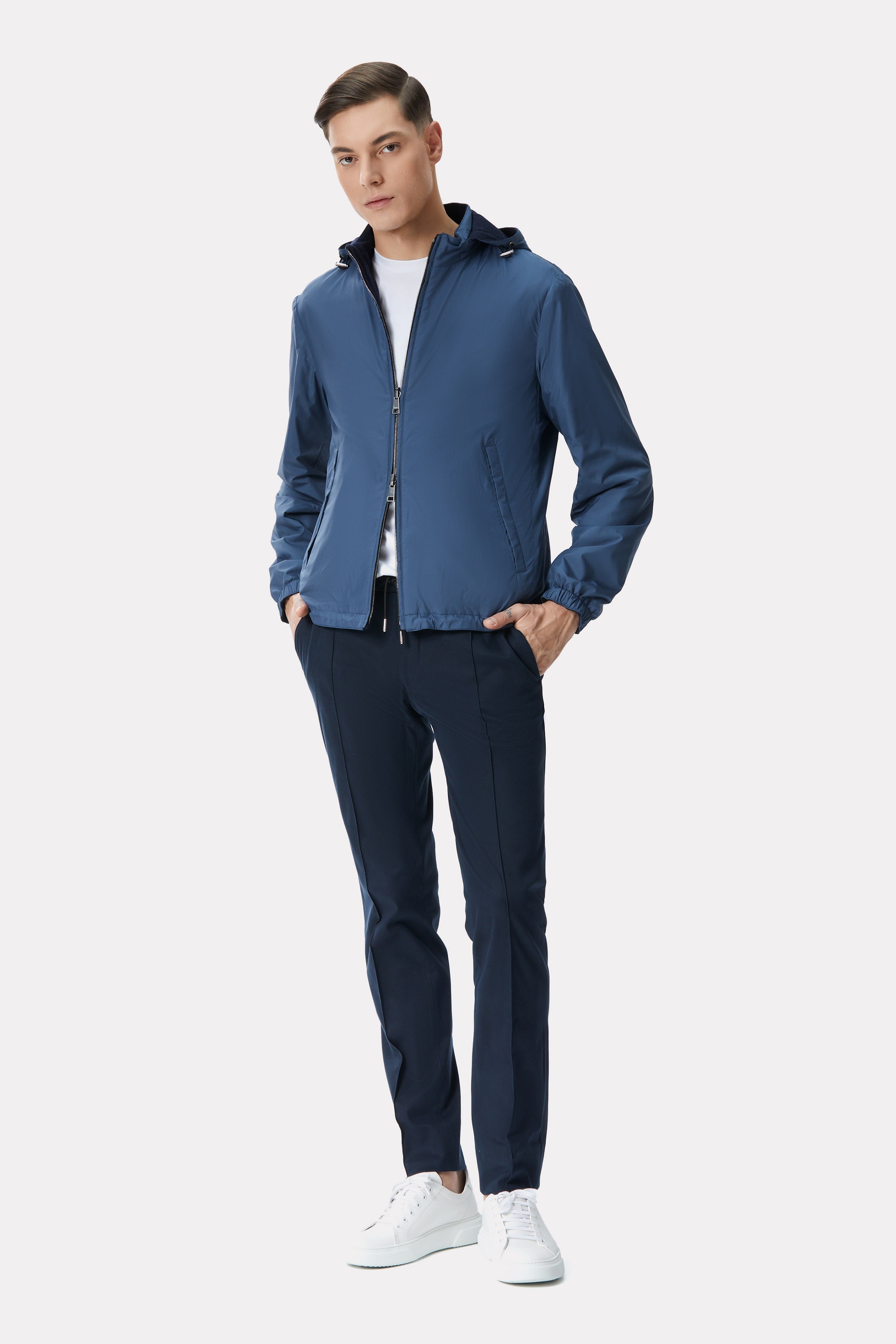 Reversible blue/navy jacket made of techno fabric and wool