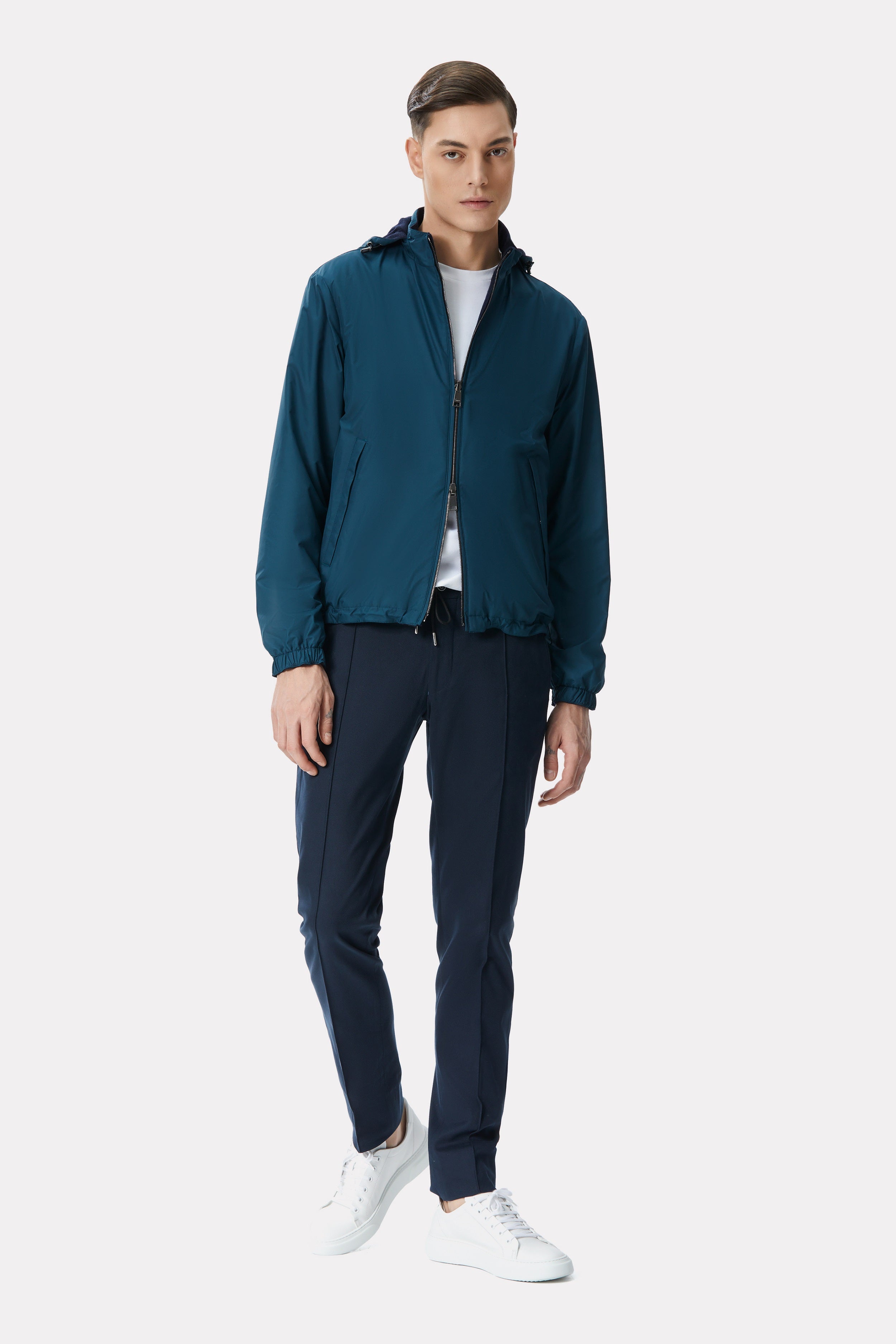 Dark turquoise/navy reversible jacket made of techno fabric and wool