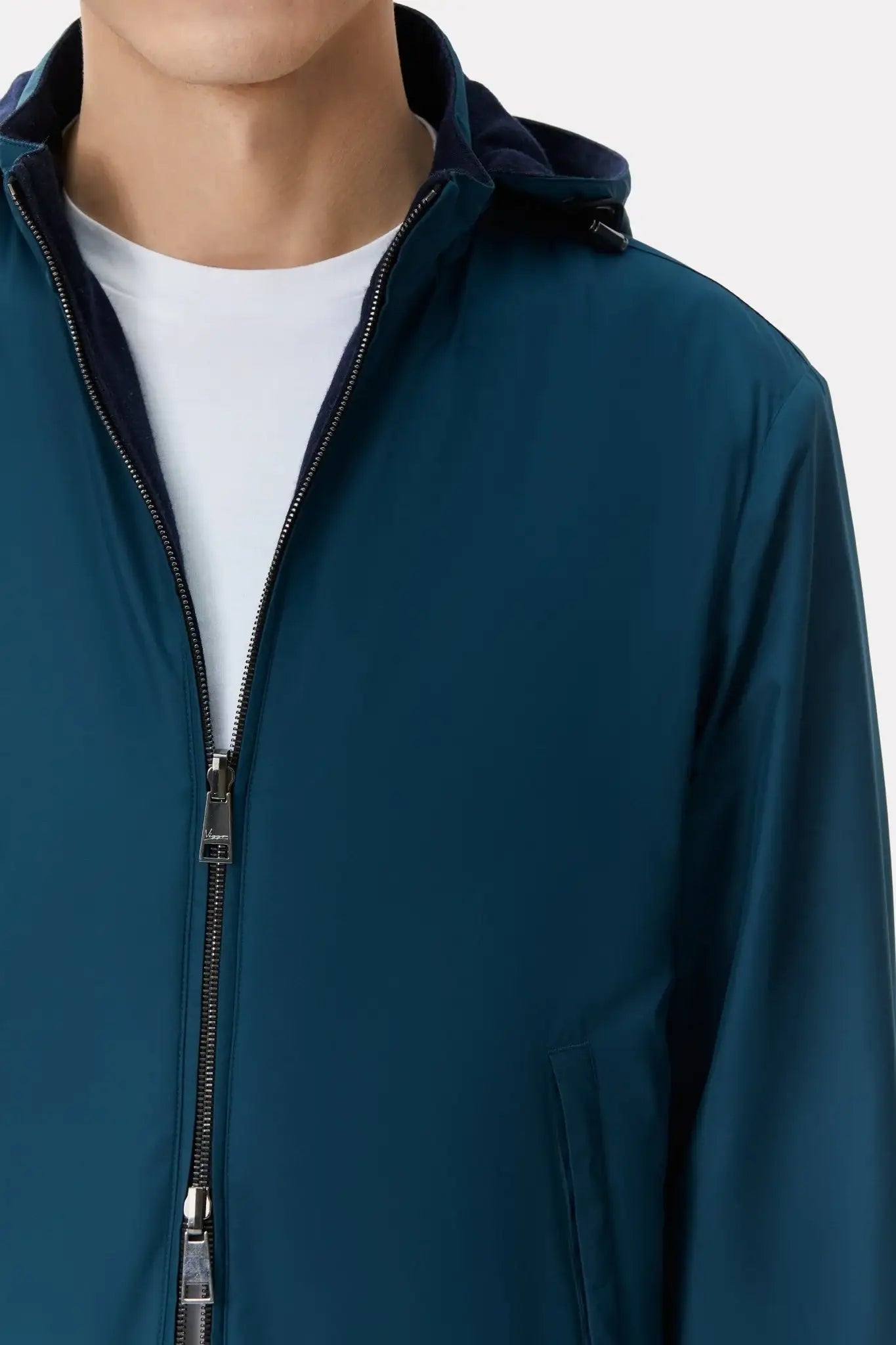 Dark turquoise/navy reversible jacket made of techno fabric and wool