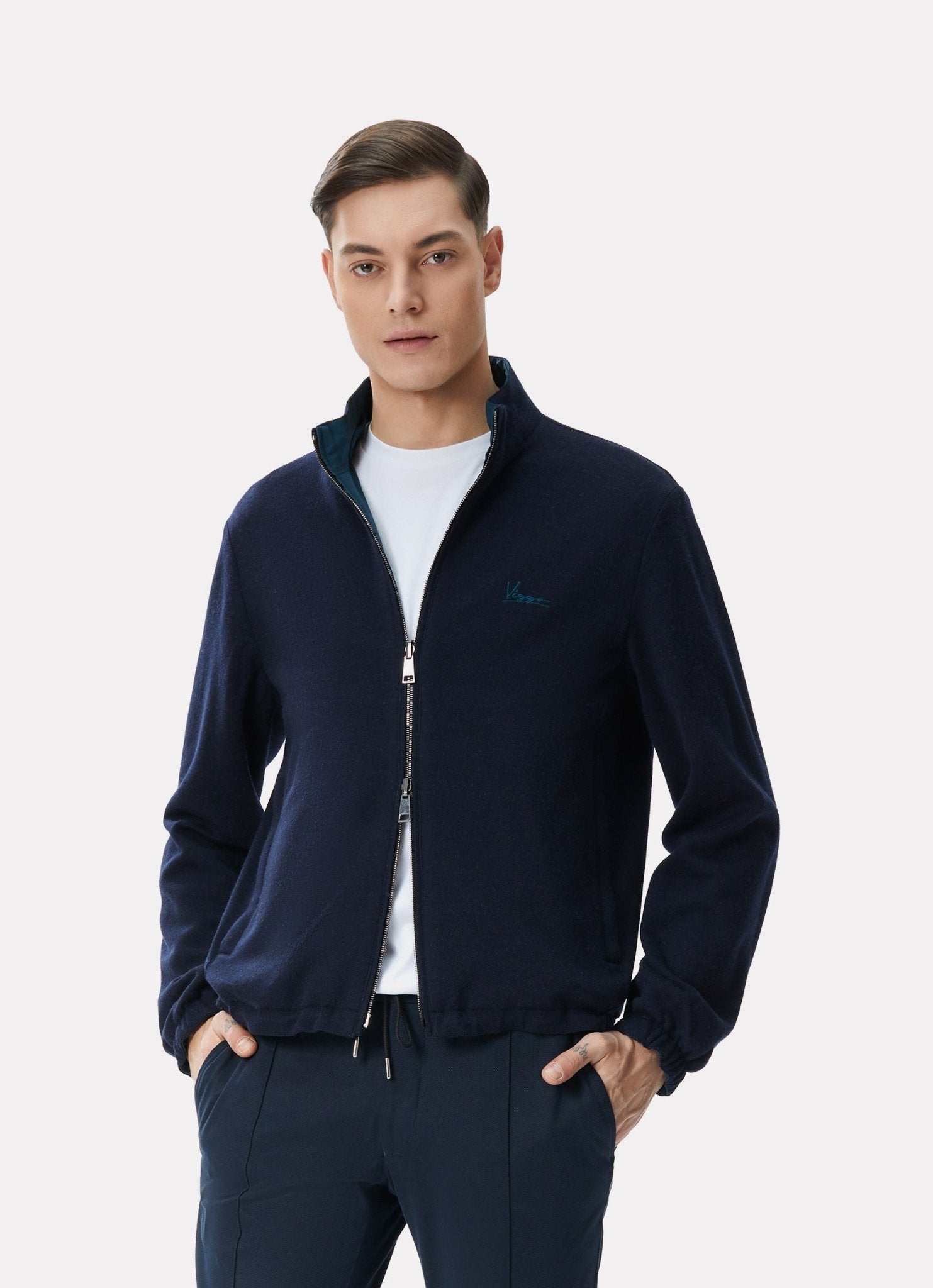 Jacheta reversibila turquoise inchis/navy din material tehno si lana - Viggo