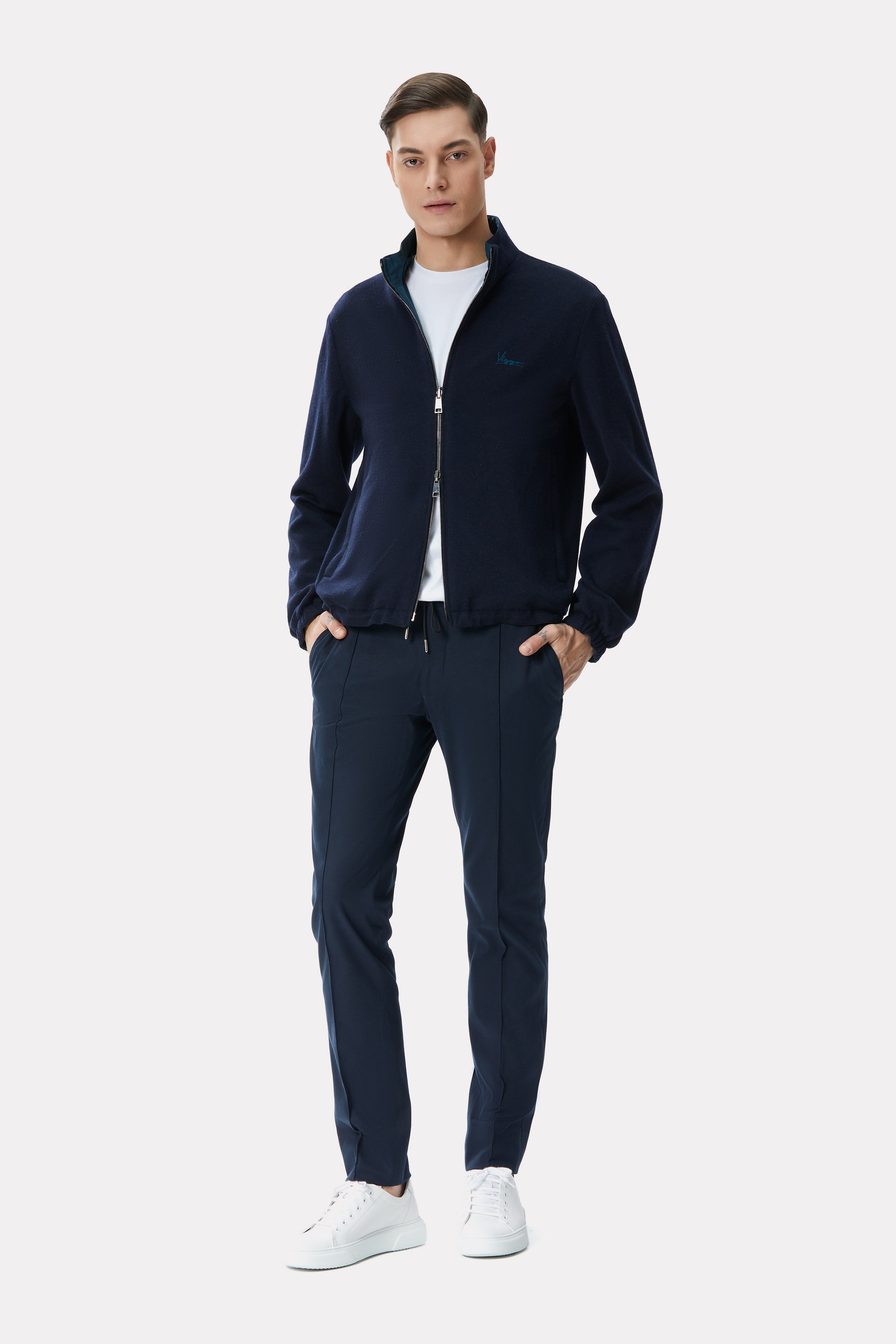 Dark turquoise/navy reversible jacket made of techno fabric and wool