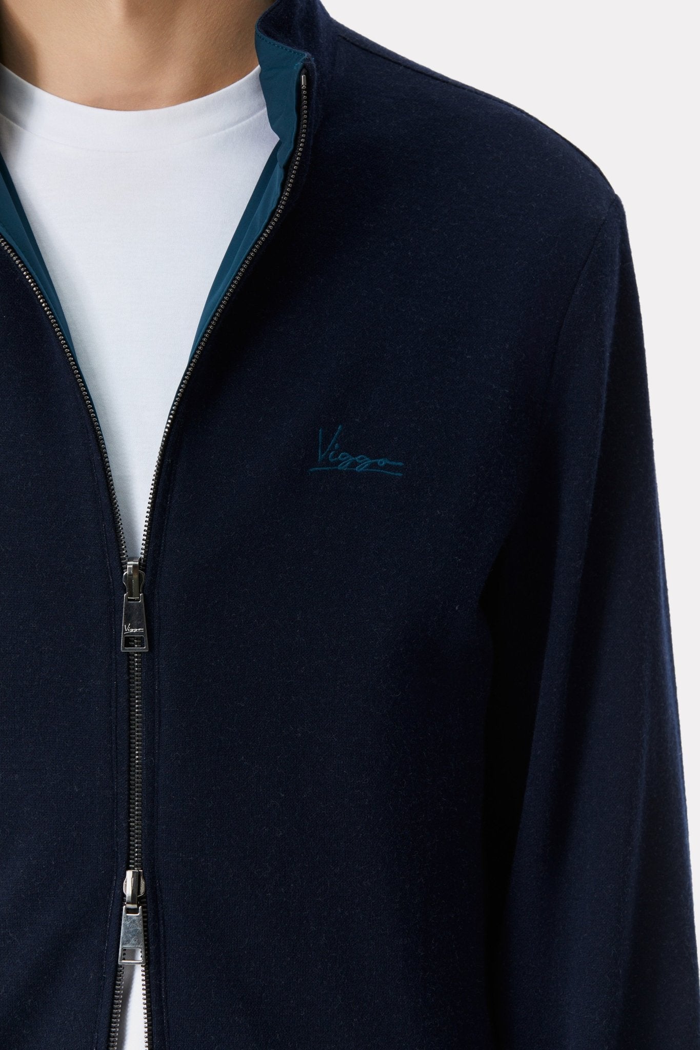 Jacheta reversibila turquoise inchis/navy din material tehno si lana - Viggo