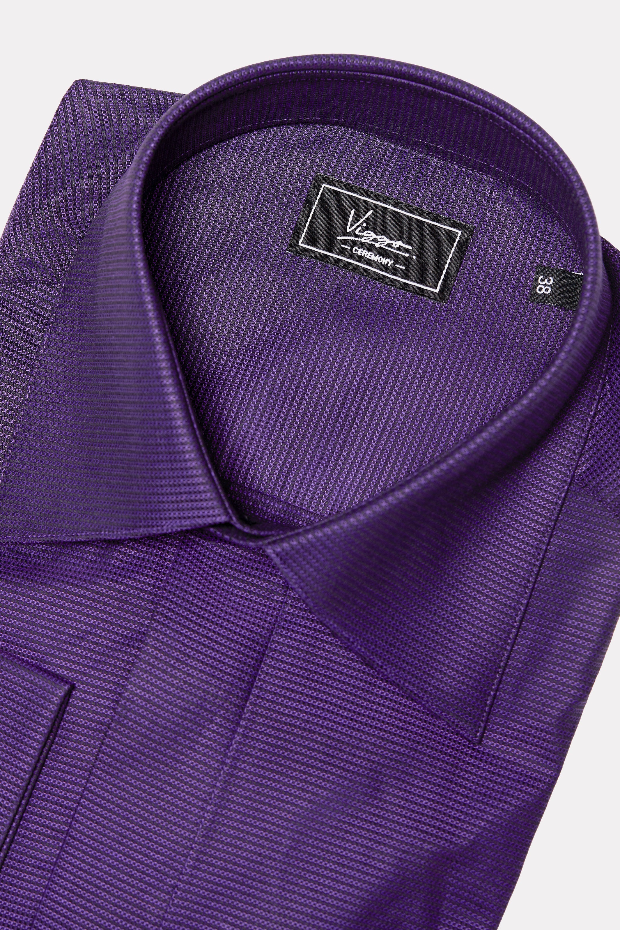Black textured shirt with purple stripes, hidden buttons