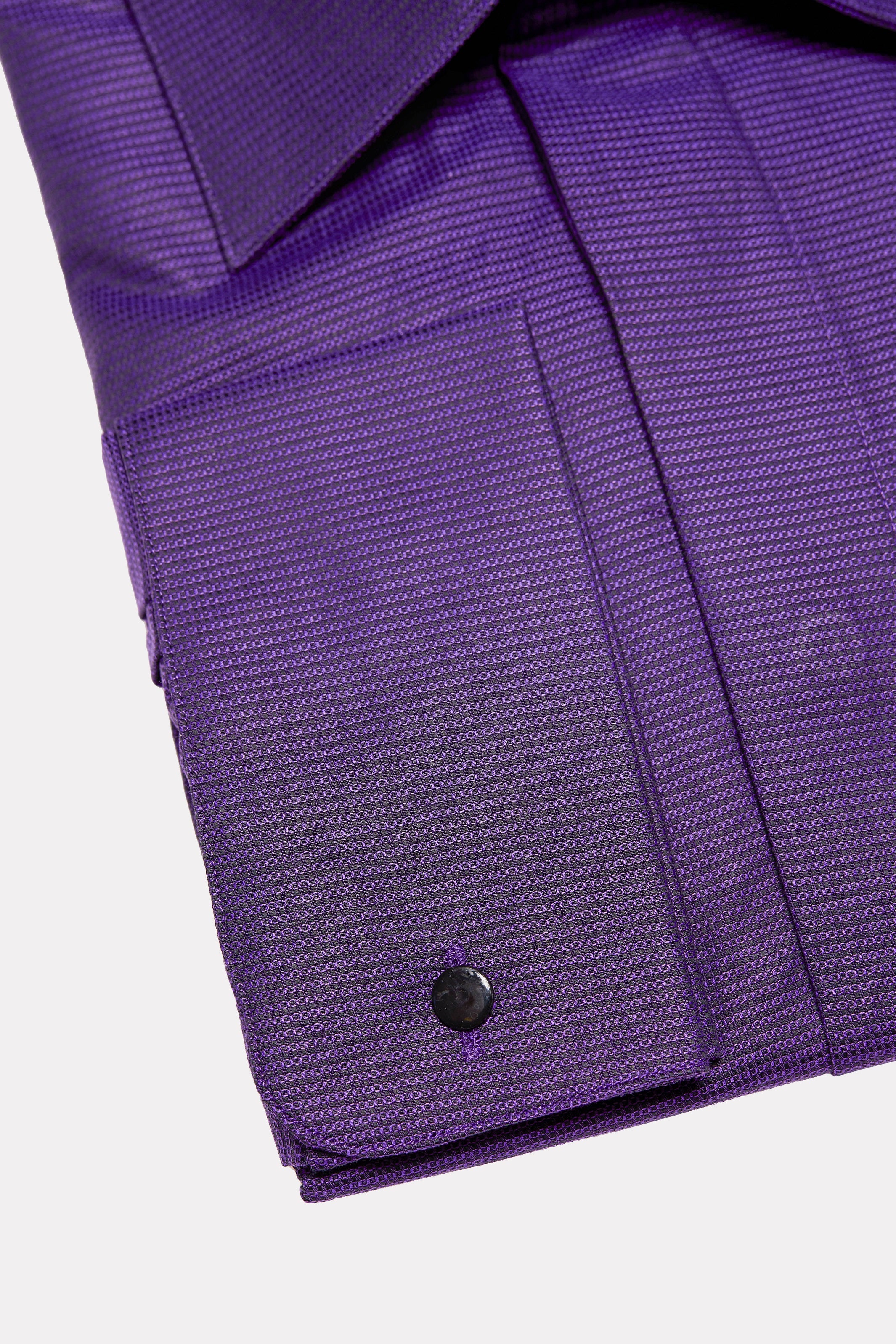 Black textured shirt with purple stripes, hidden buttons