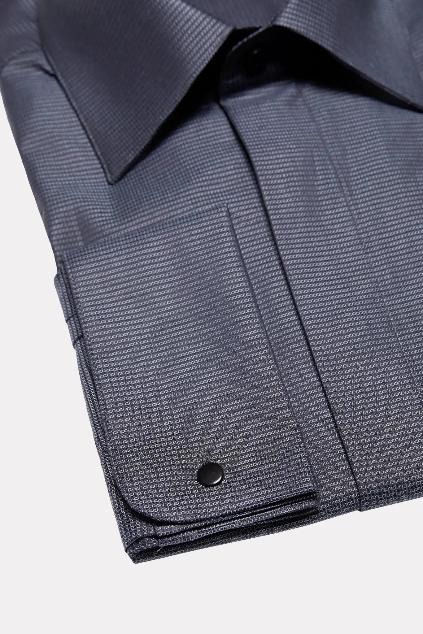 Black textured shirt with gray stripes, hidden buttons