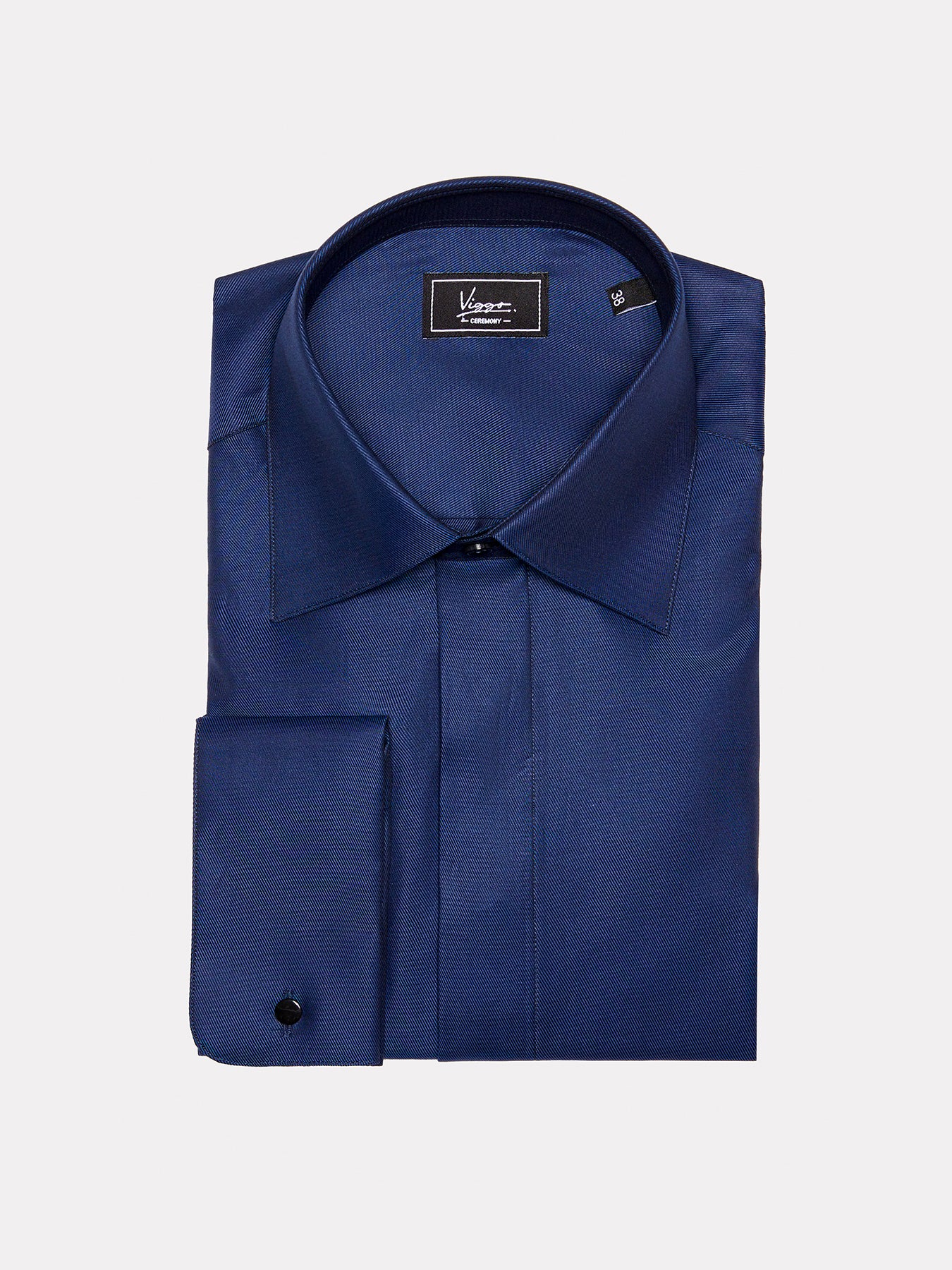 Navy shirt with black stripes, hidden buttons