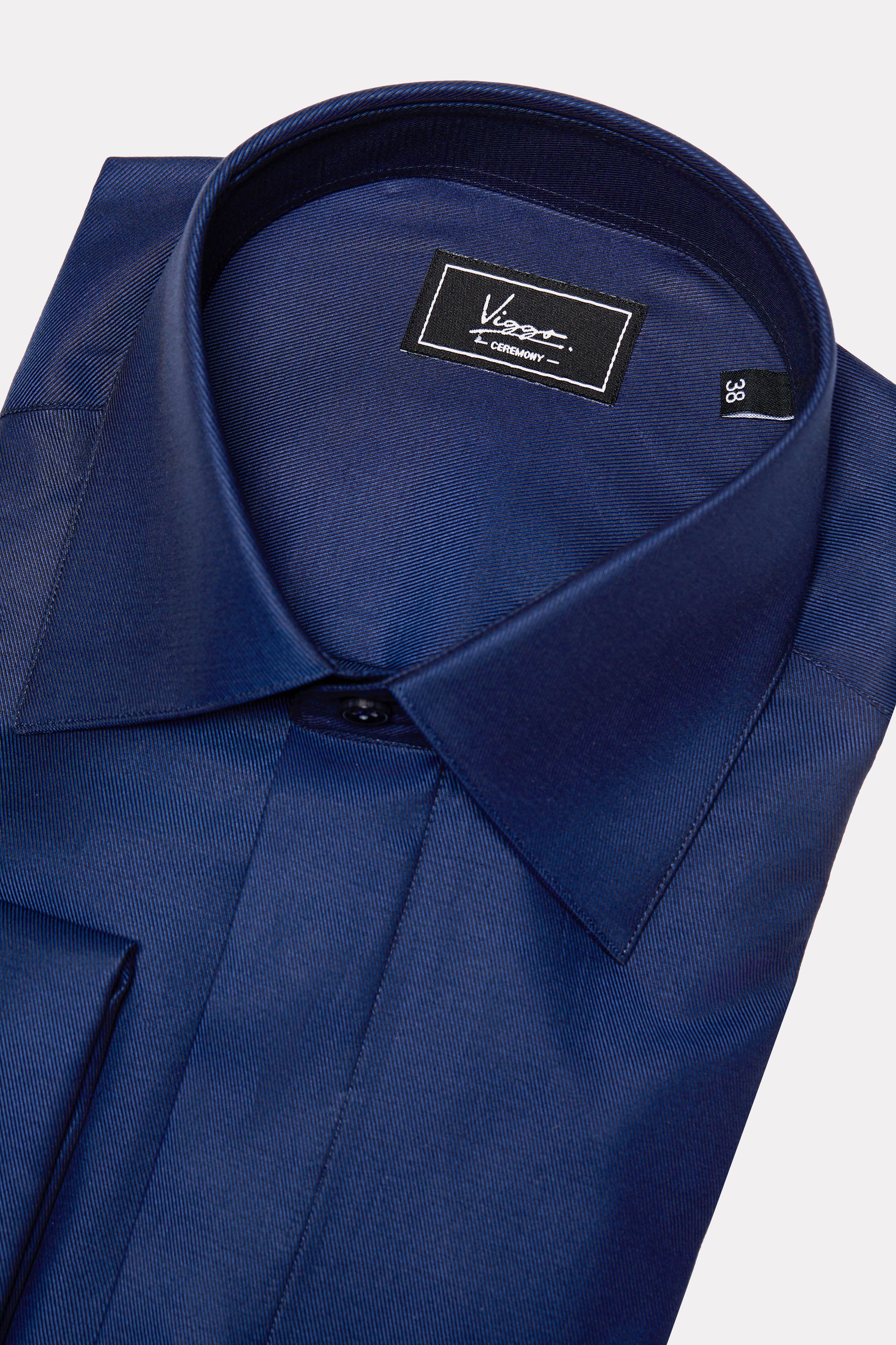 Navy shirt with black stripes, hidden buttons