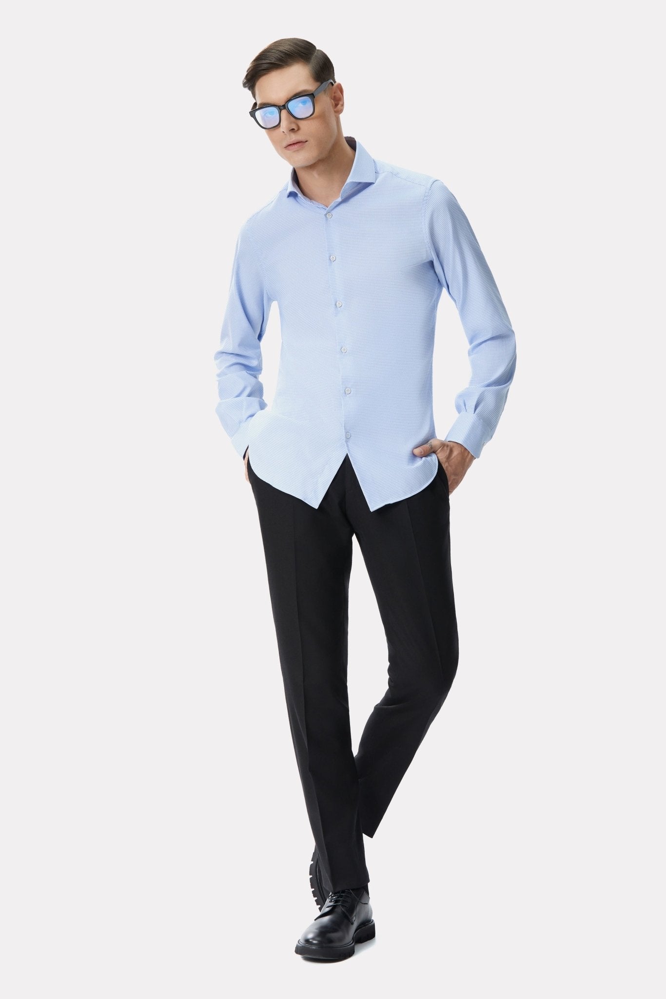 Camasa alba din jerseu in carouri bleu - Viggo