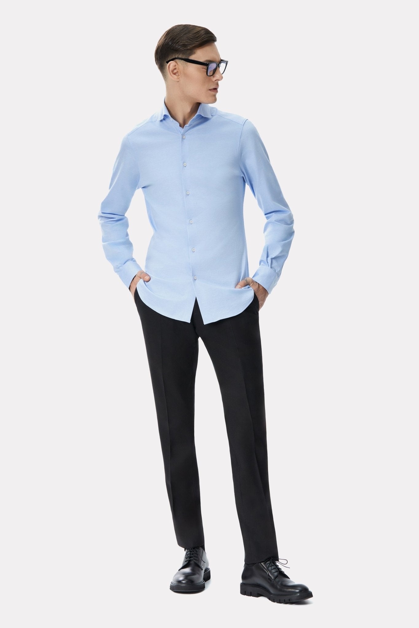 Camasa oxford bleu din jerseu de bumbac - Viggo