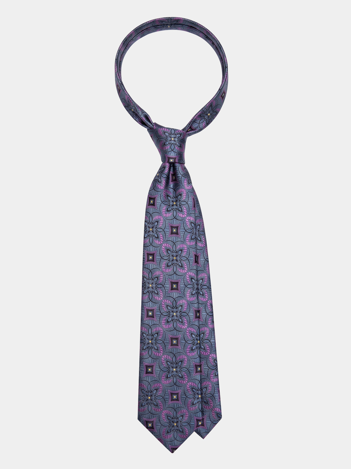 Cravata matase imprimeu mov floral geometric