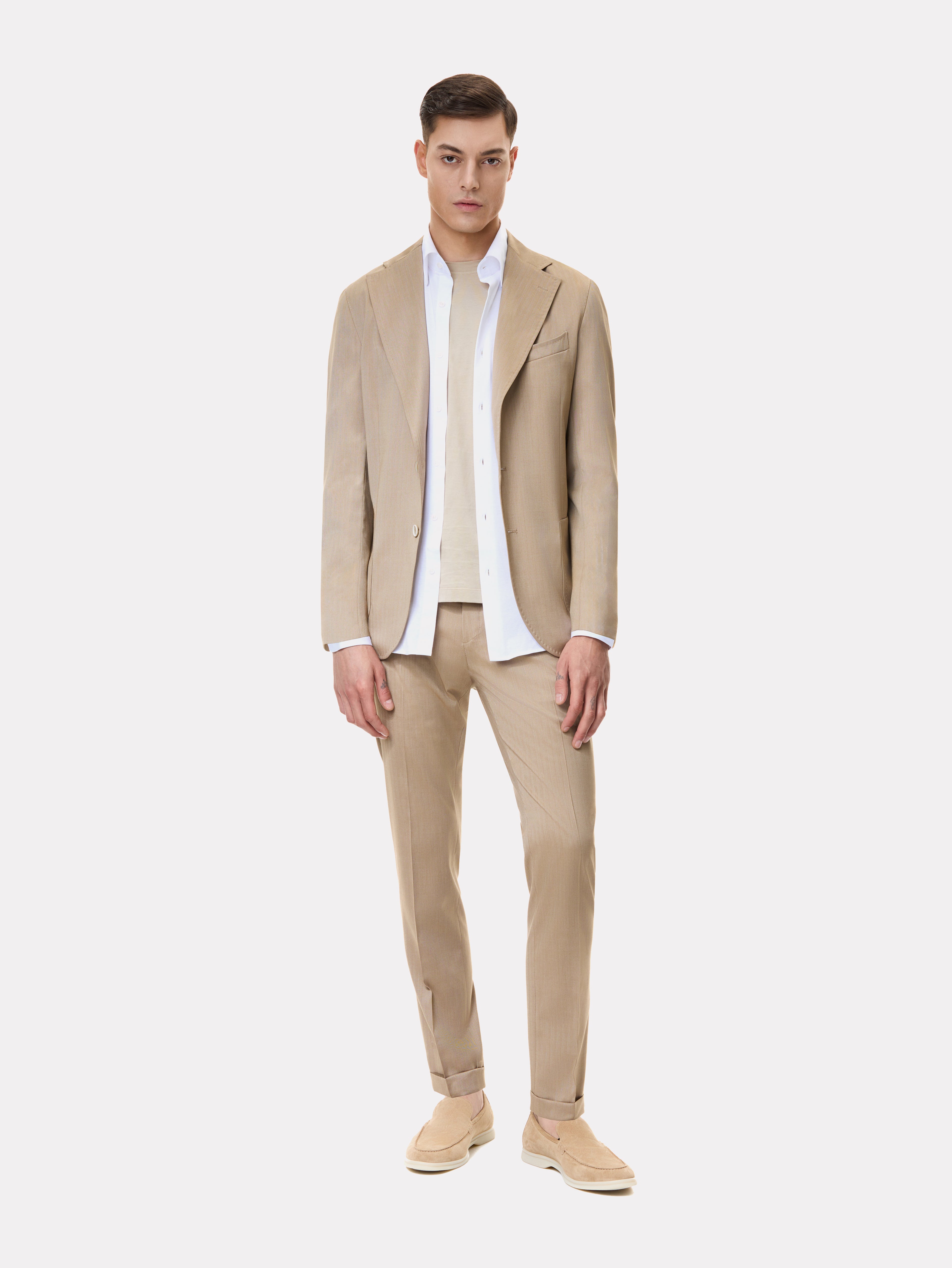 Light brown textured slim fit suit