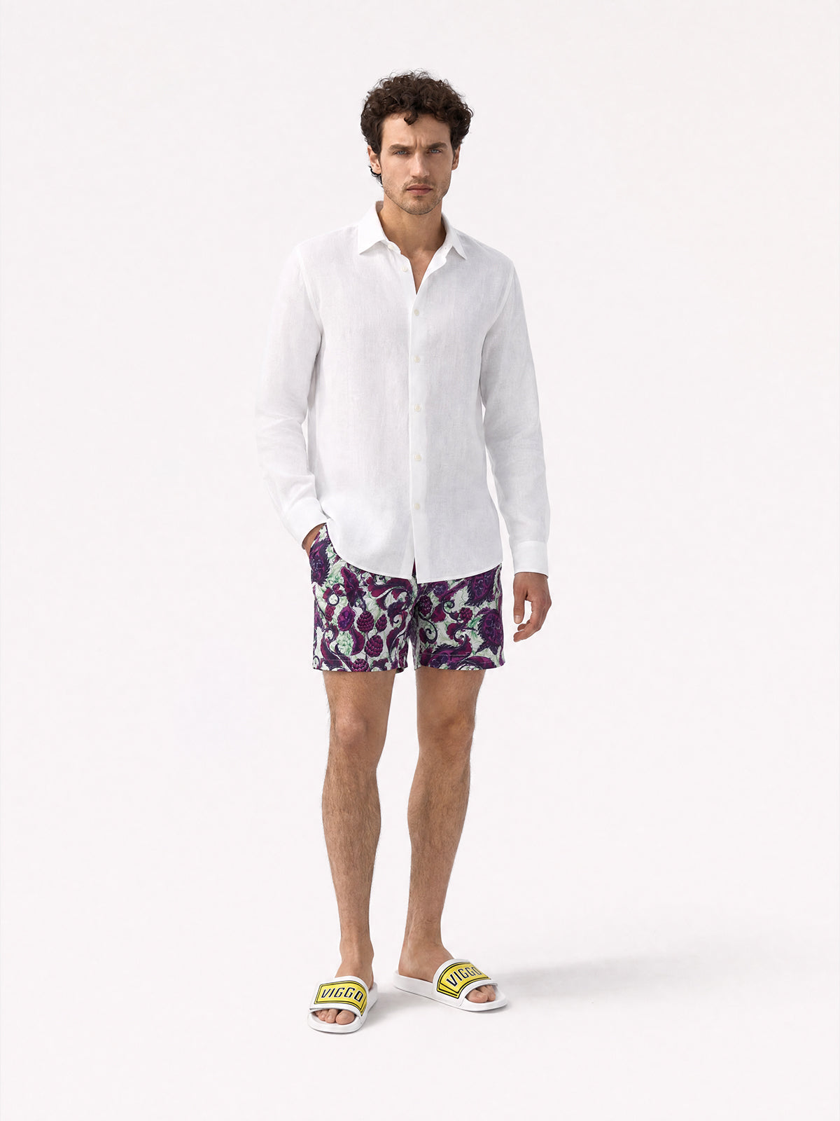 Pantaloni scurti de baie paisley mov si verde