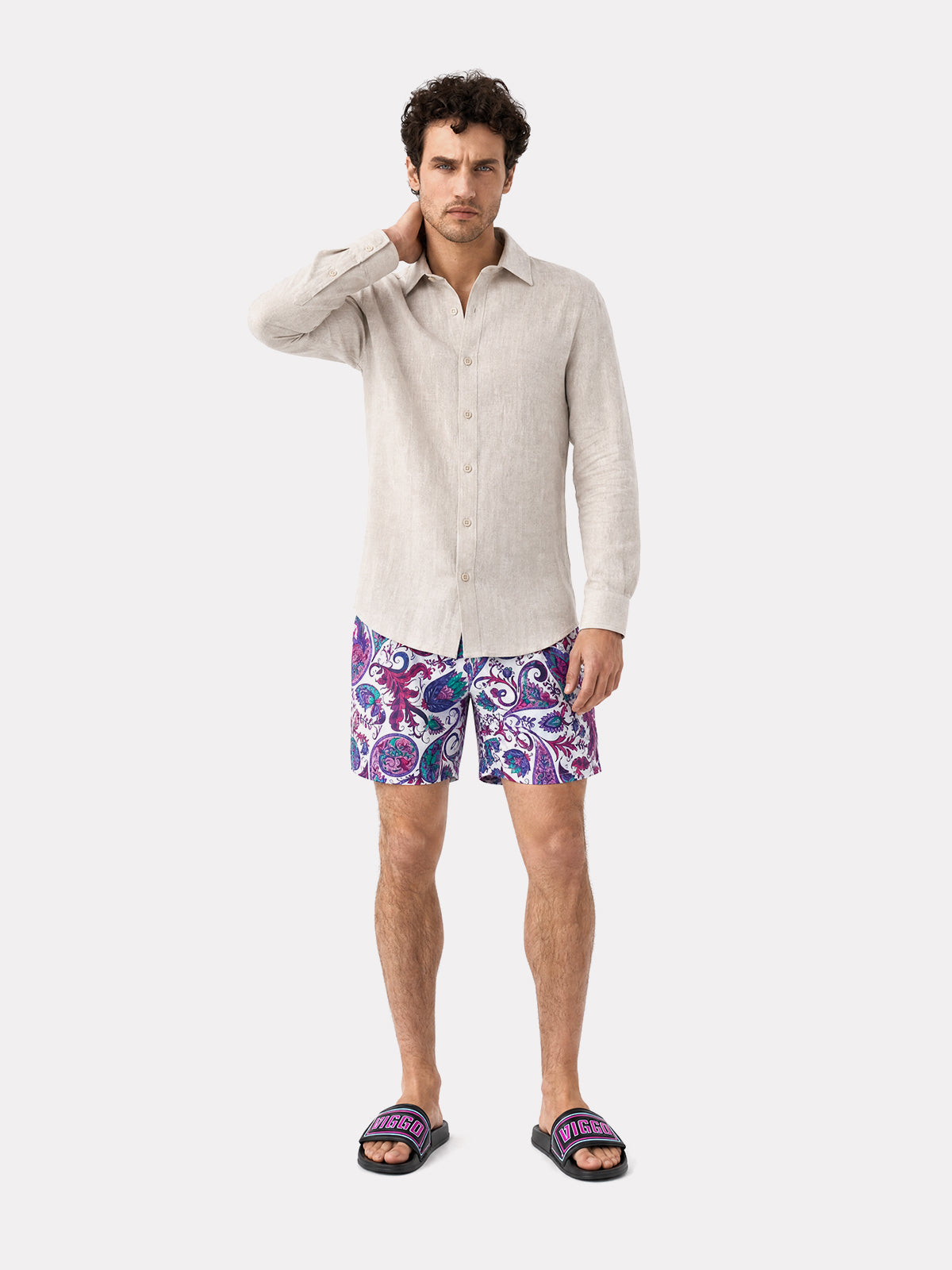 Pantaloni scurti de baie cu imprimeu paisley mov si verde