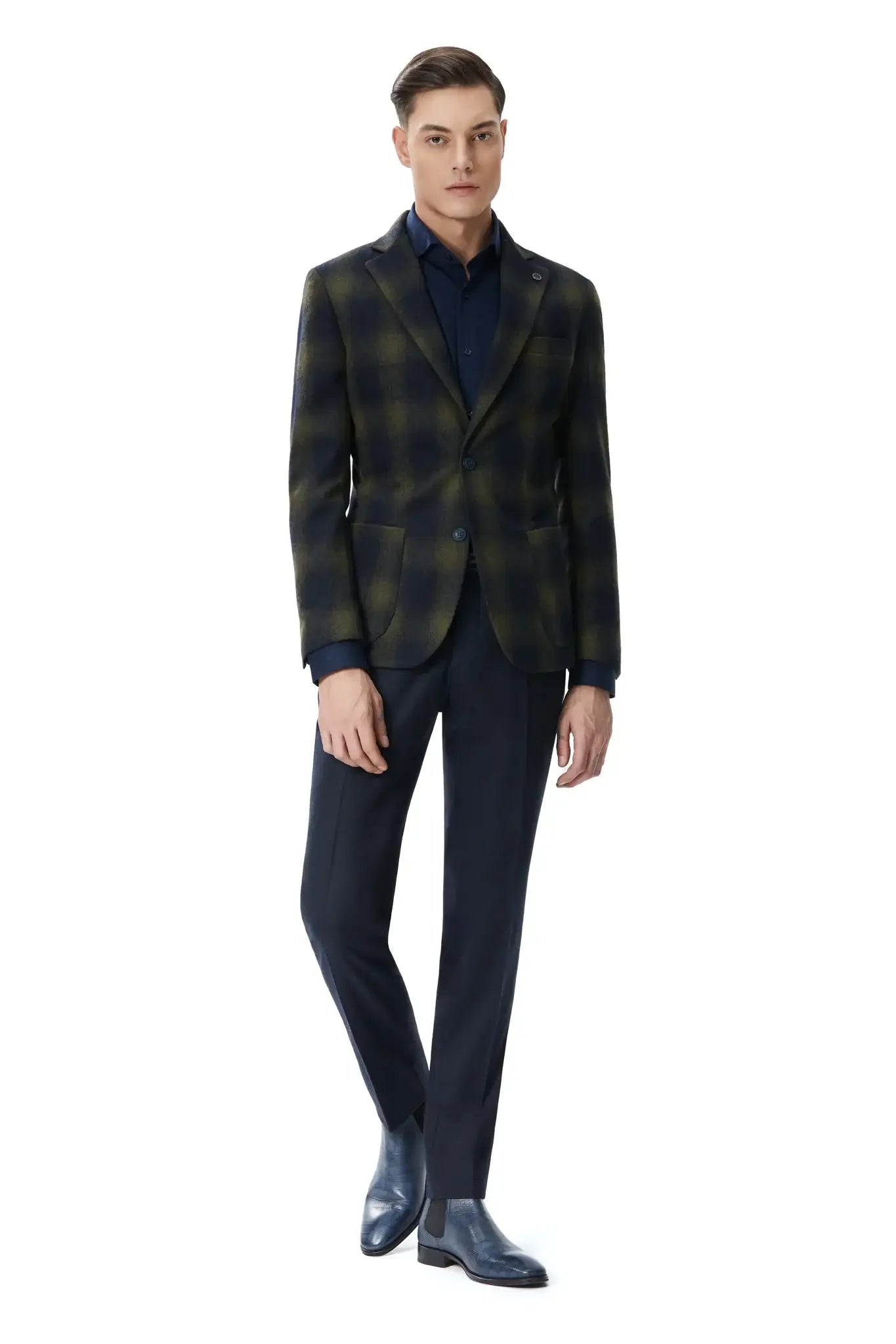 Sacou casual bleumarin in carouri, slim fit