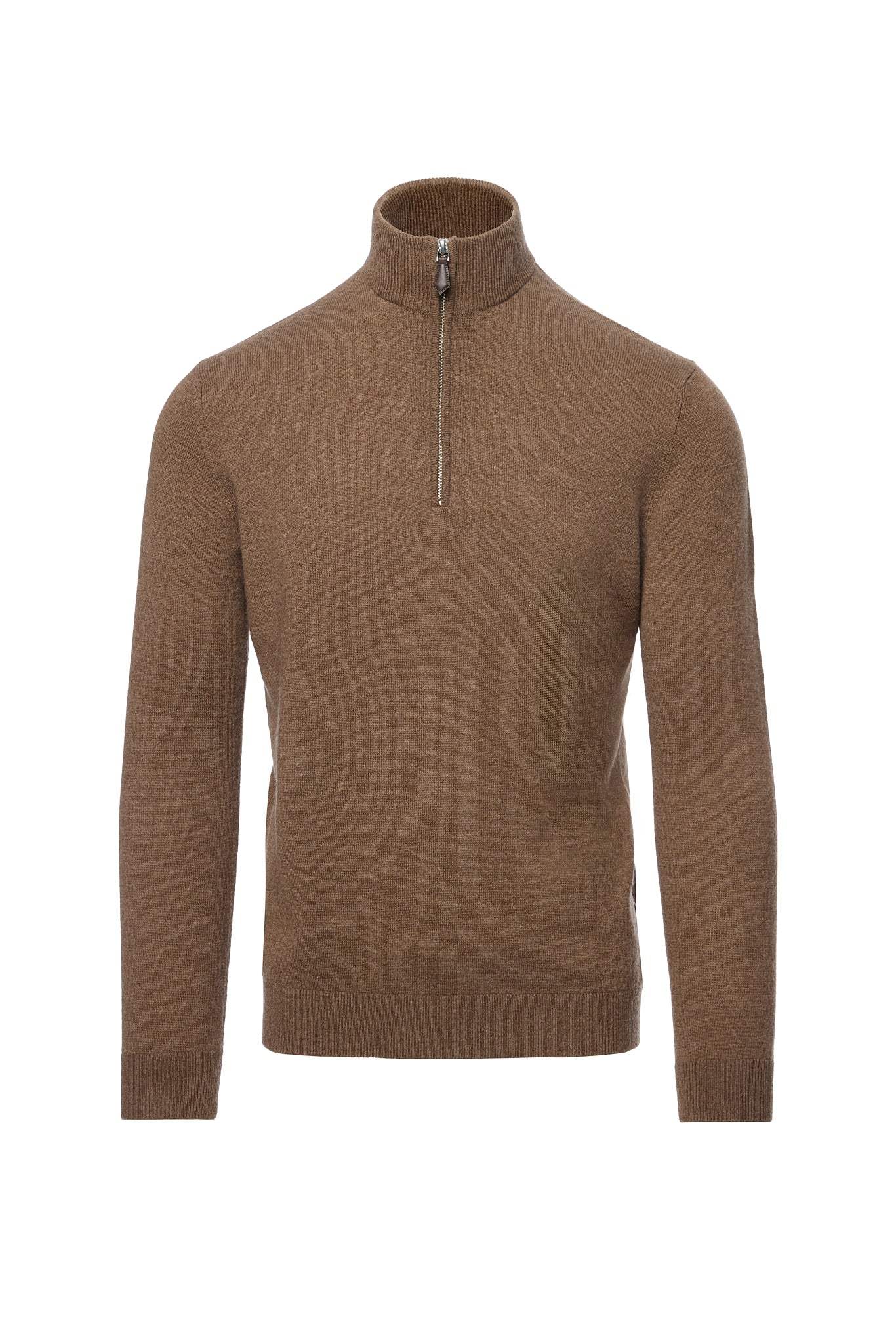 Maleta half-zip din lana si casmir, maro