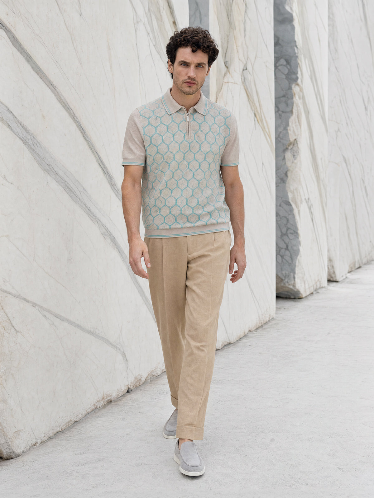 Tricou Polo gri hexagon matase&bumbac
