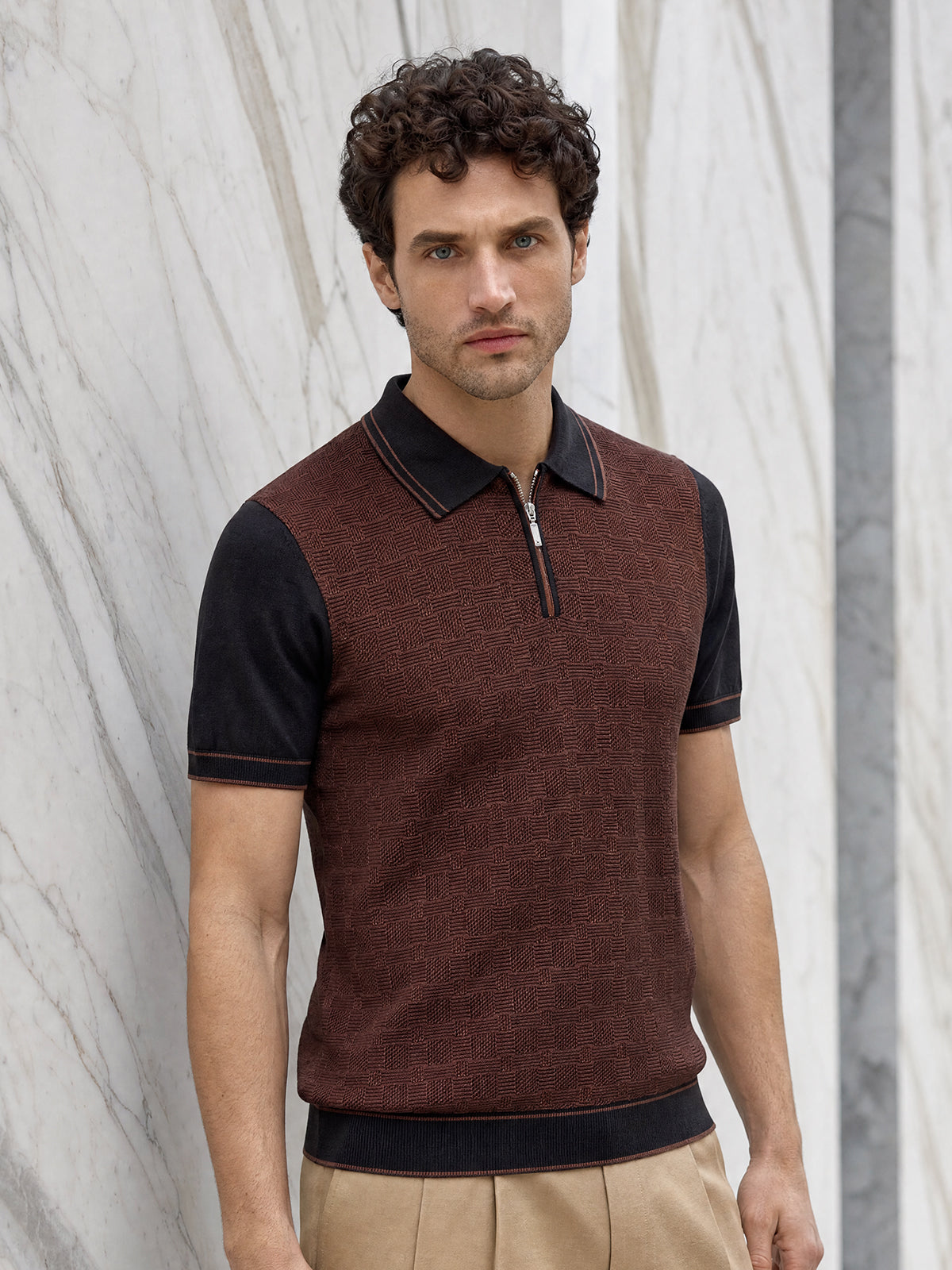 Tricou Polo negru texturat matase&bumbac