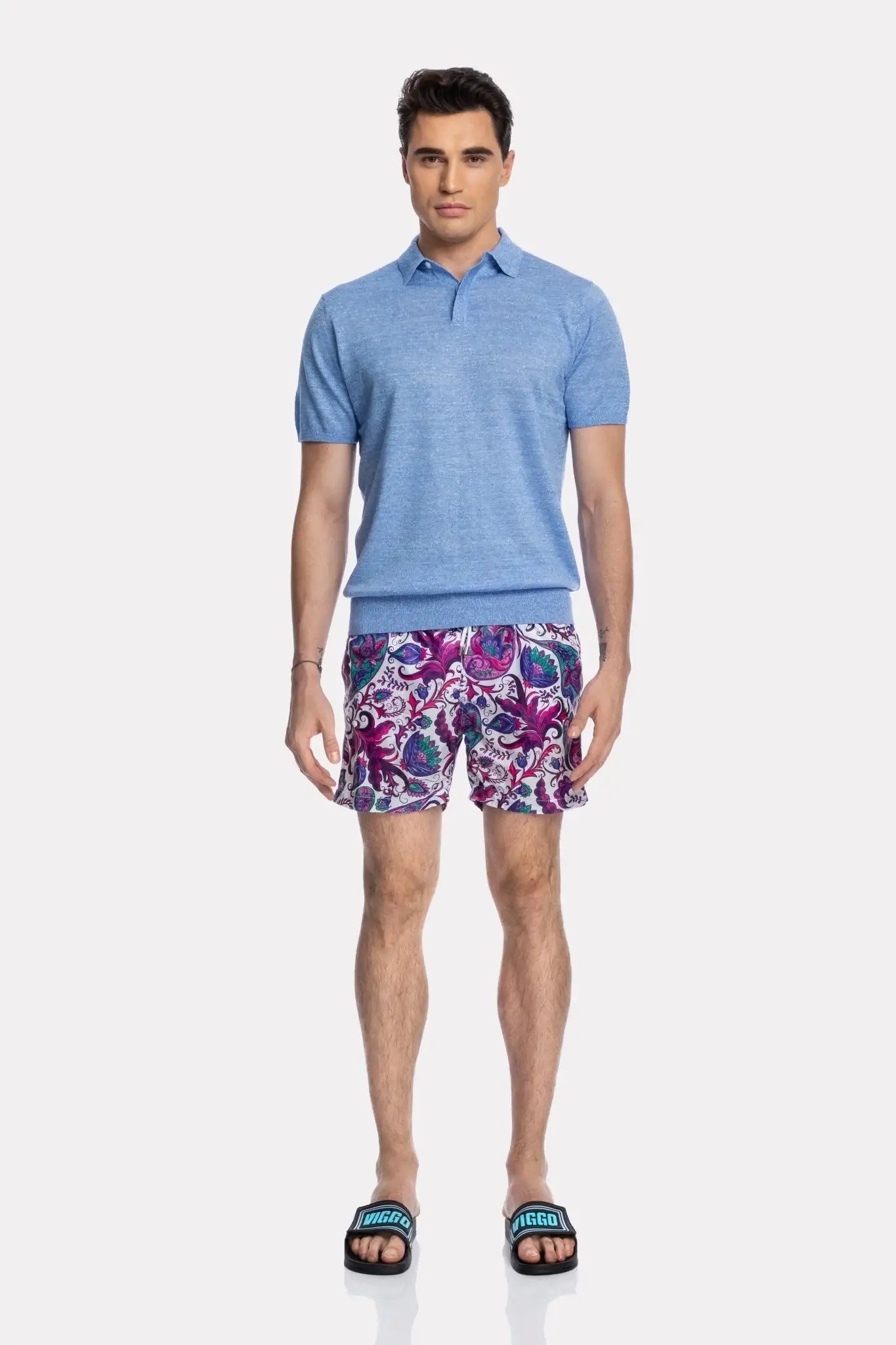 Pantaloni scurti de baie cu imprimeu paisley mov si verde