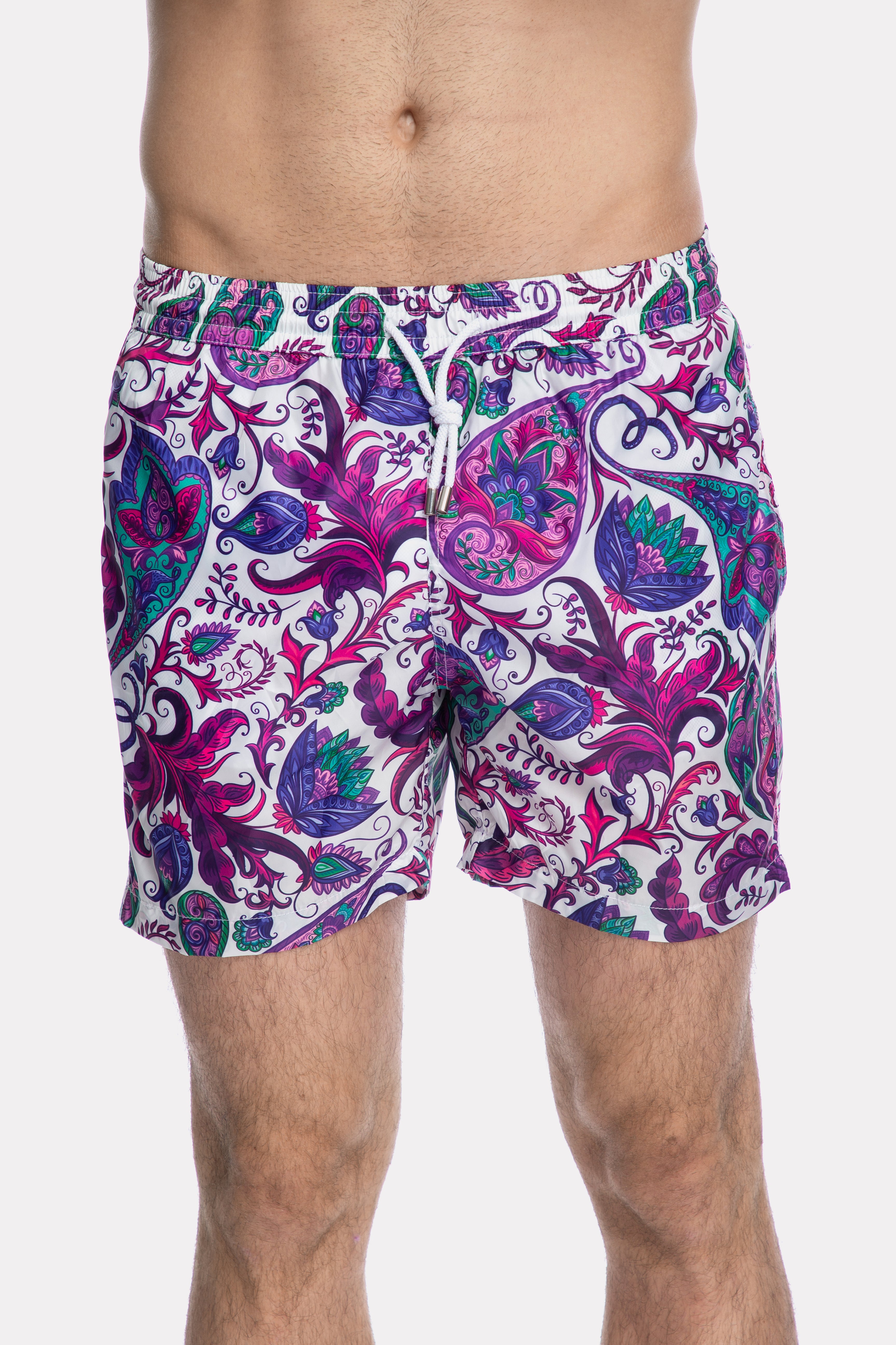 Pantaloni scurti de baie cu imprimeu paisley mov si verde
