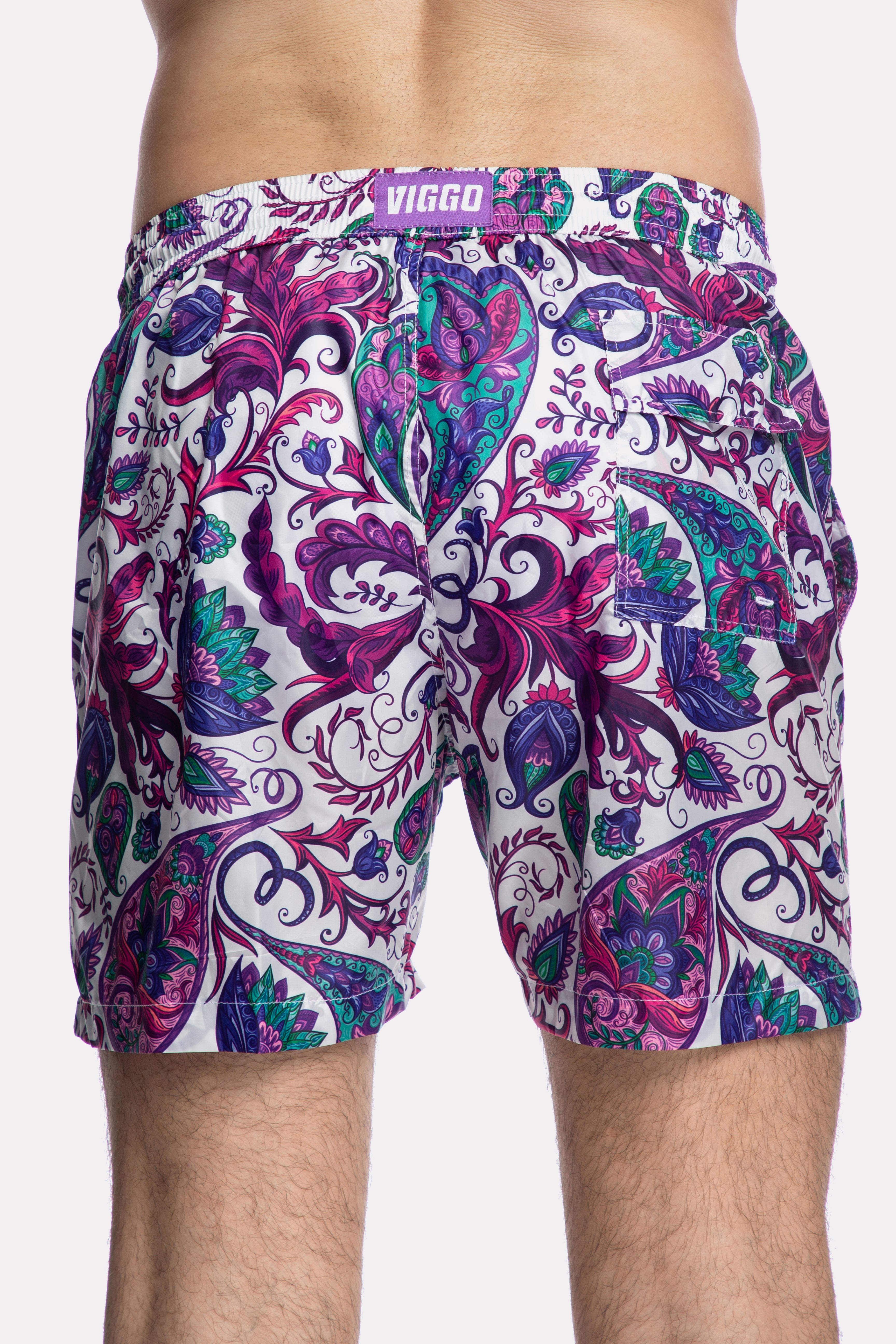 Pantaloni scurti de baie cu imprimeu paisley mov si verde
