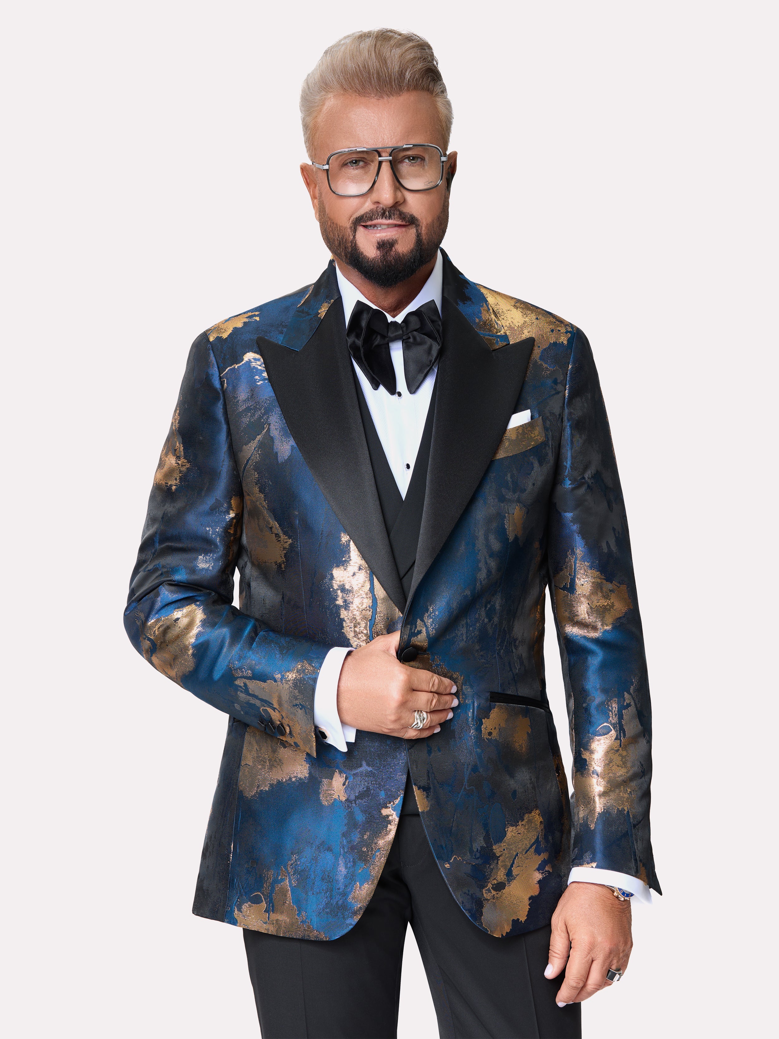 Made to measure navy blue tuxedo jacket made from recycled material