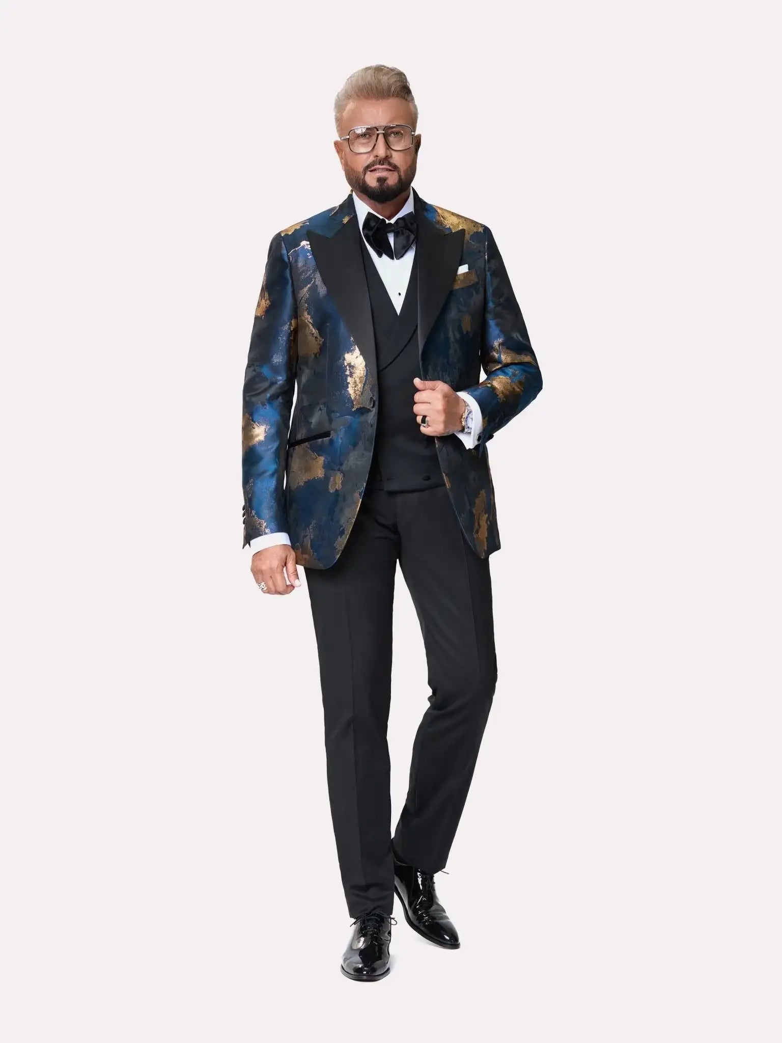Made to measure navy blue tuxedo jacket made from recycled material