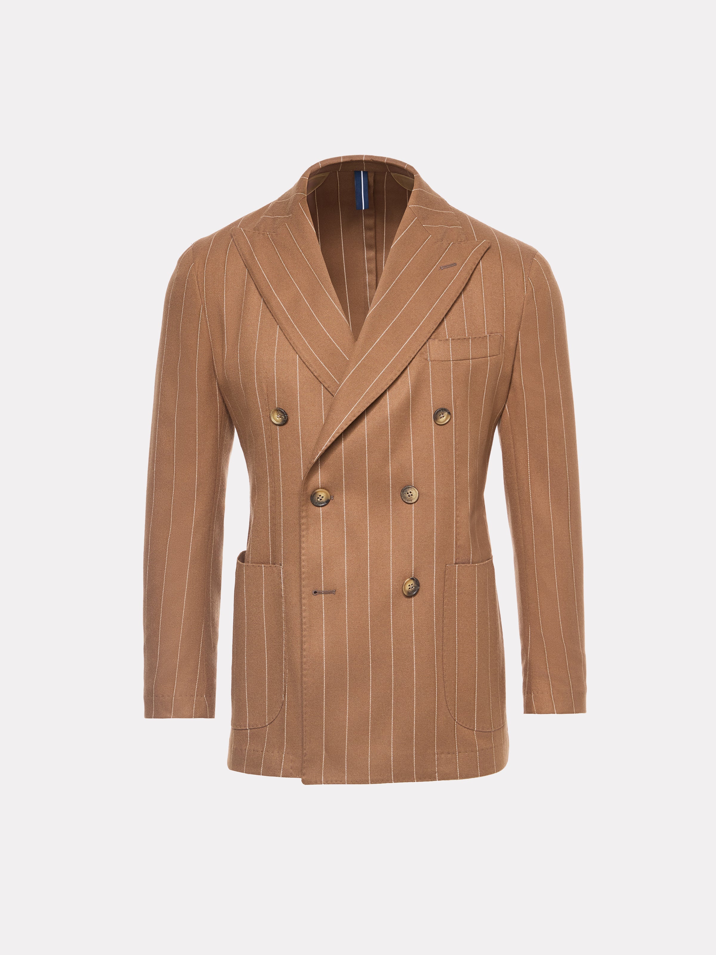 Slim fit suit with fine beige stripes, double-breasted