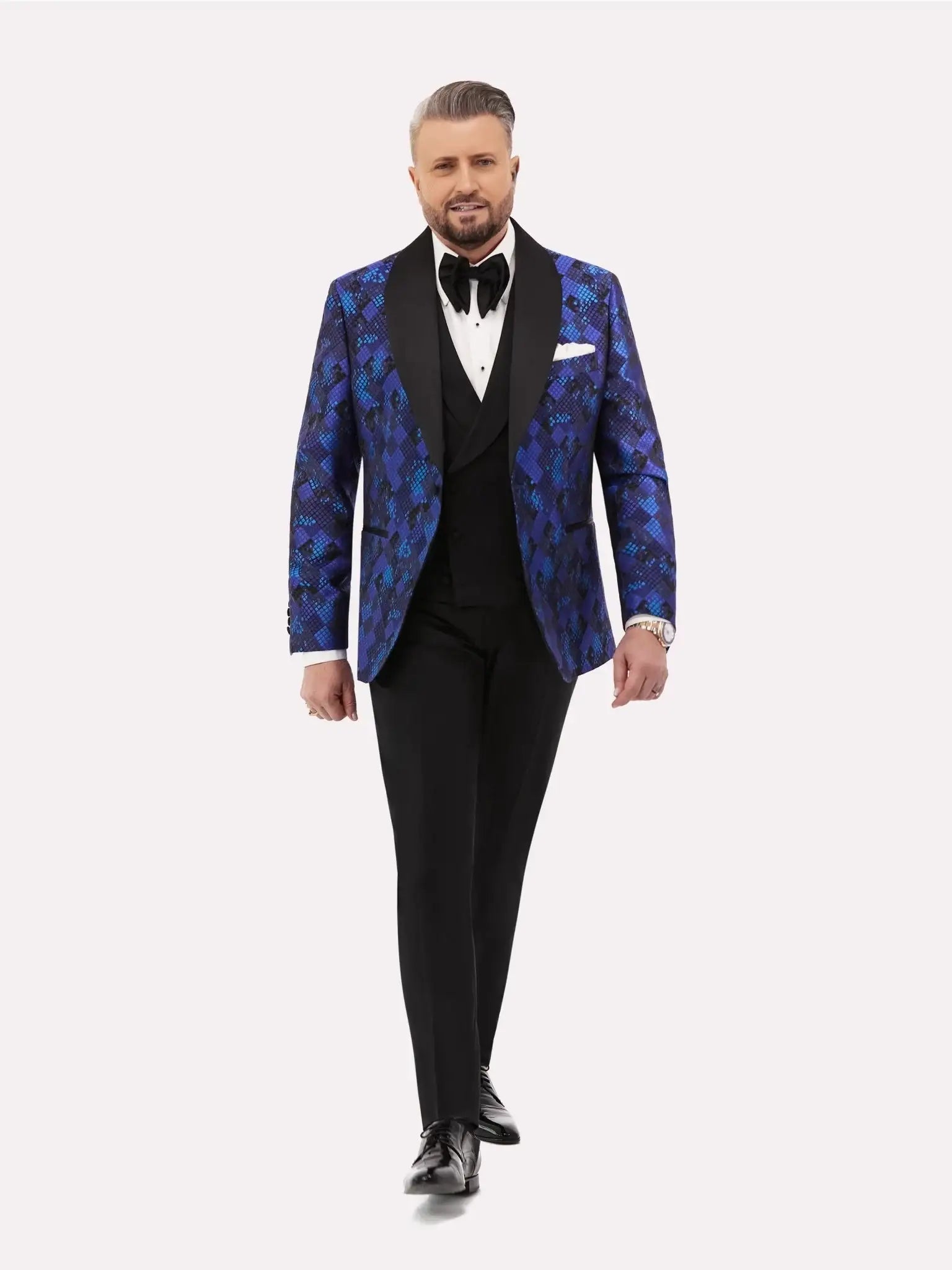 Black tuxedo jacket with blue geometric pattern