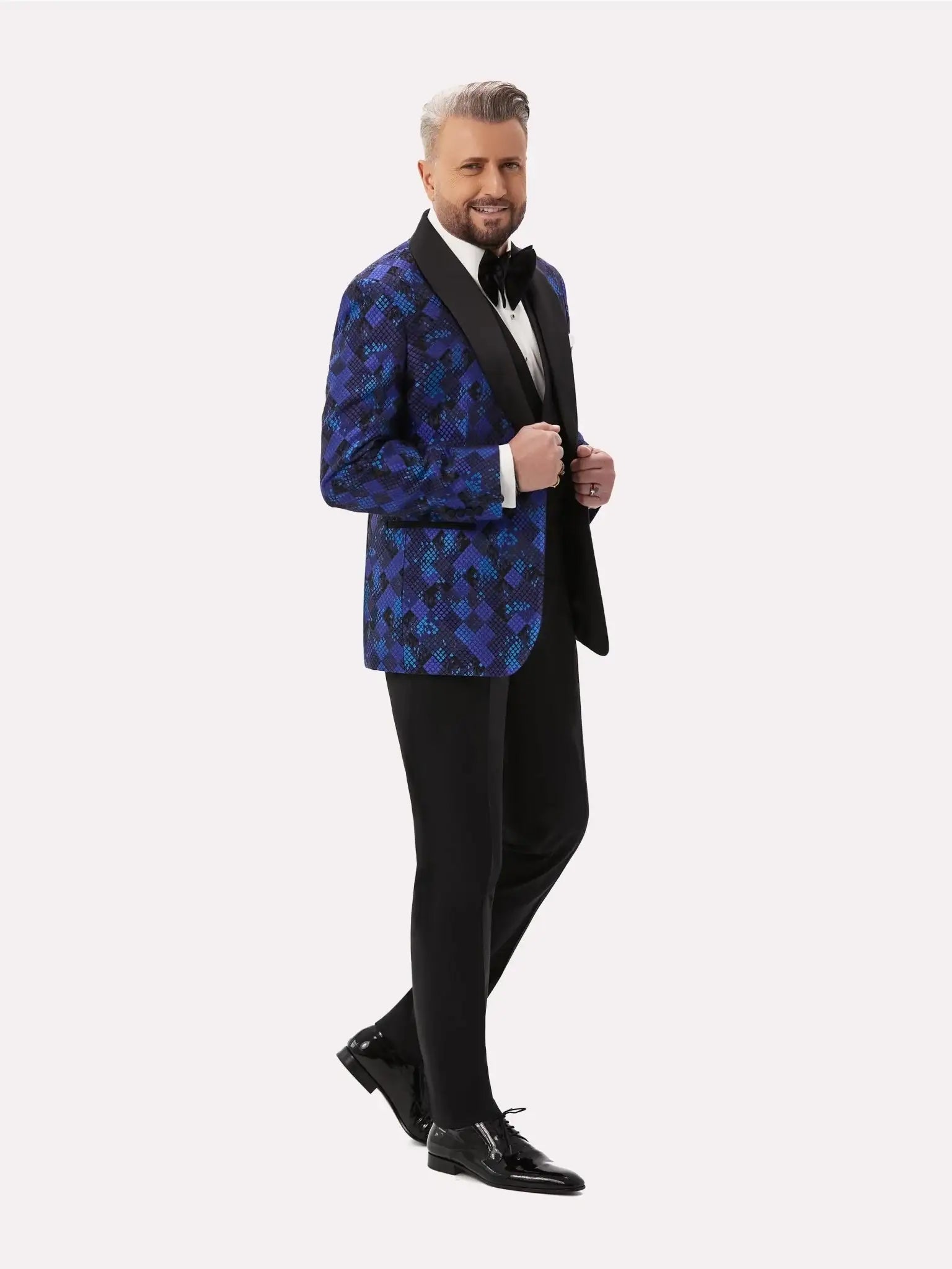 Black tuxedo jacket with blue geometric pattern
