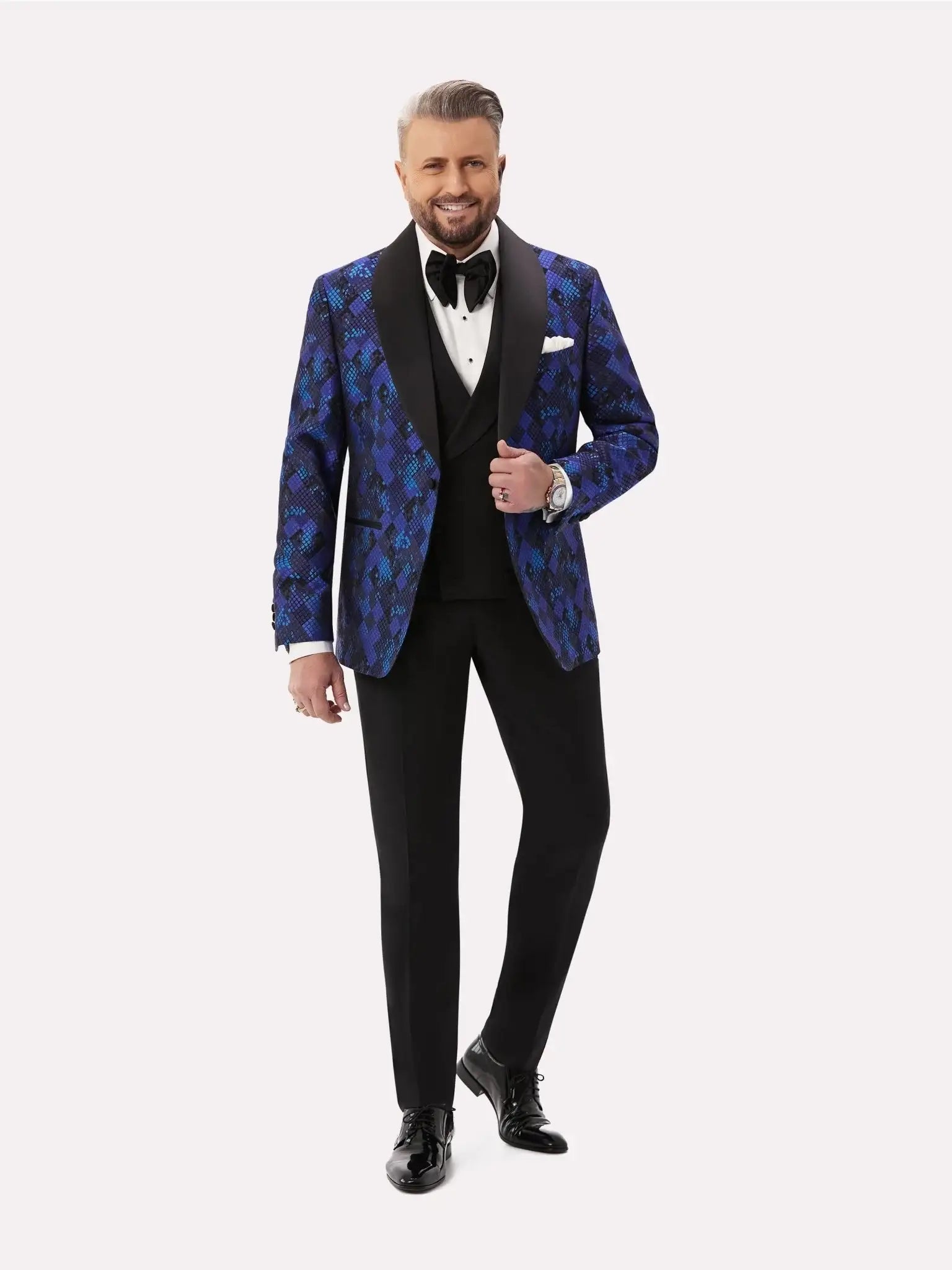 Black tuxedo jacket with blue geometric pattern