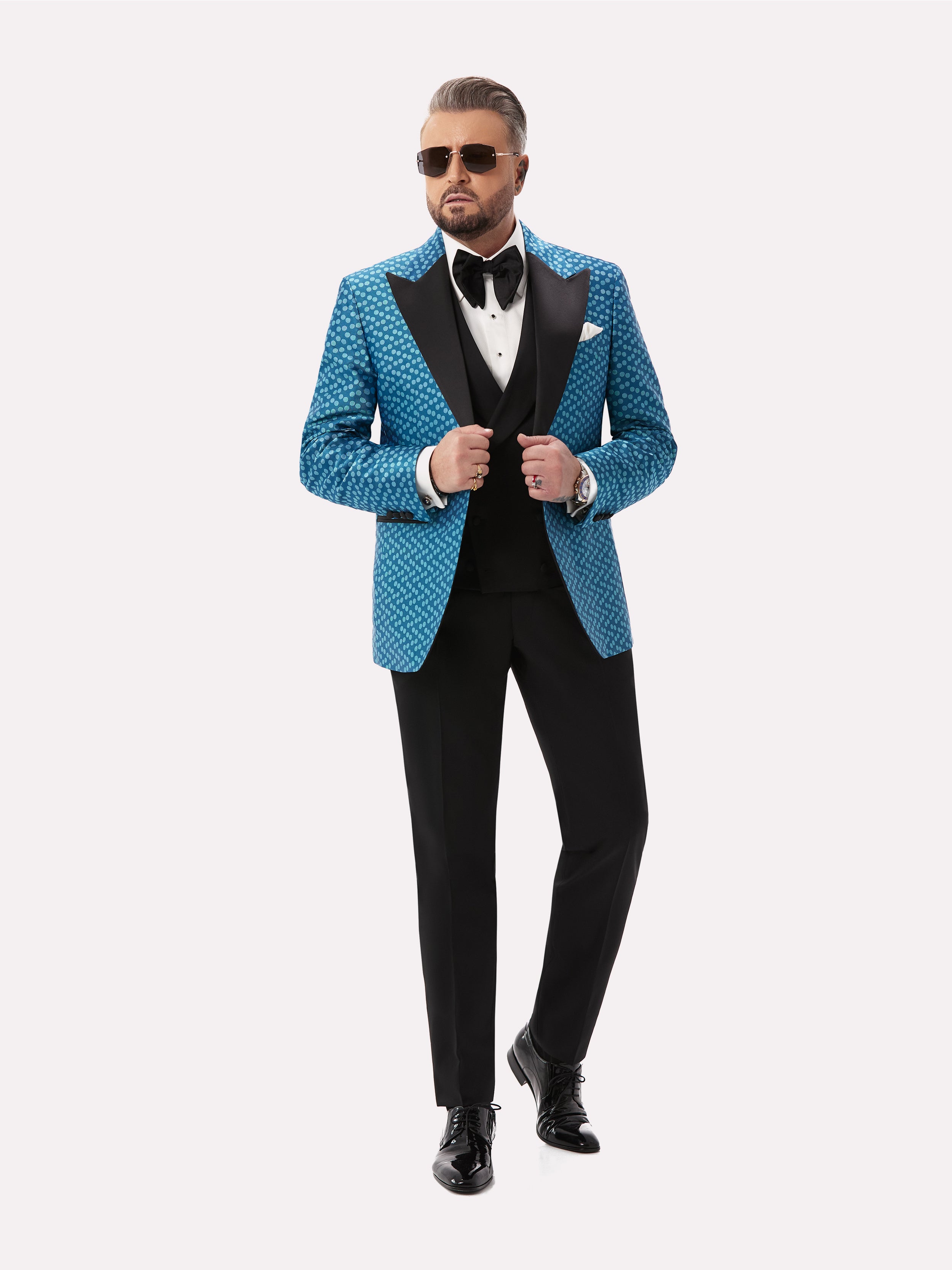Turquoise tuxedo jacket with polka dots