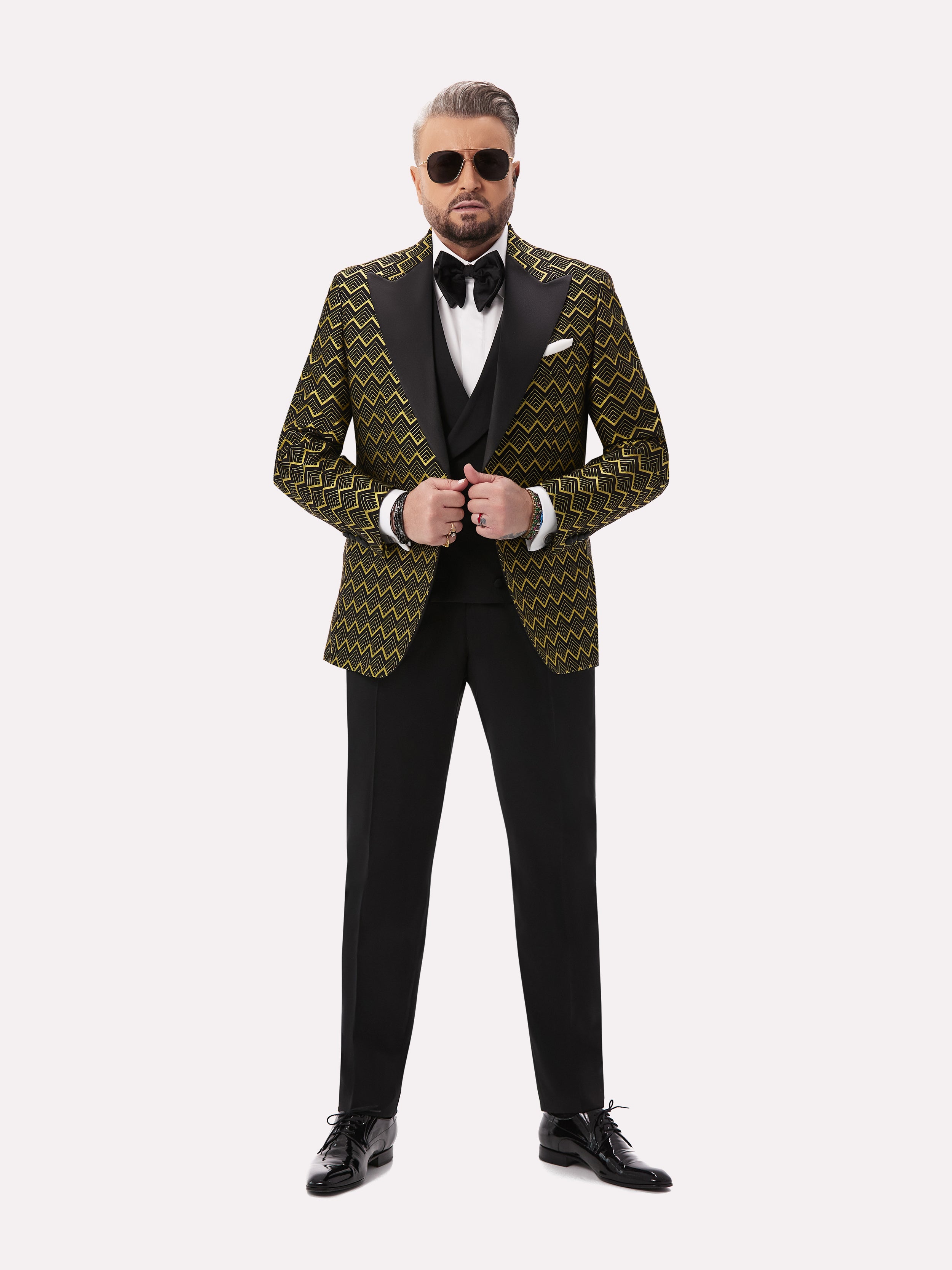 Black tuxedo jacket with golden geometric pattern