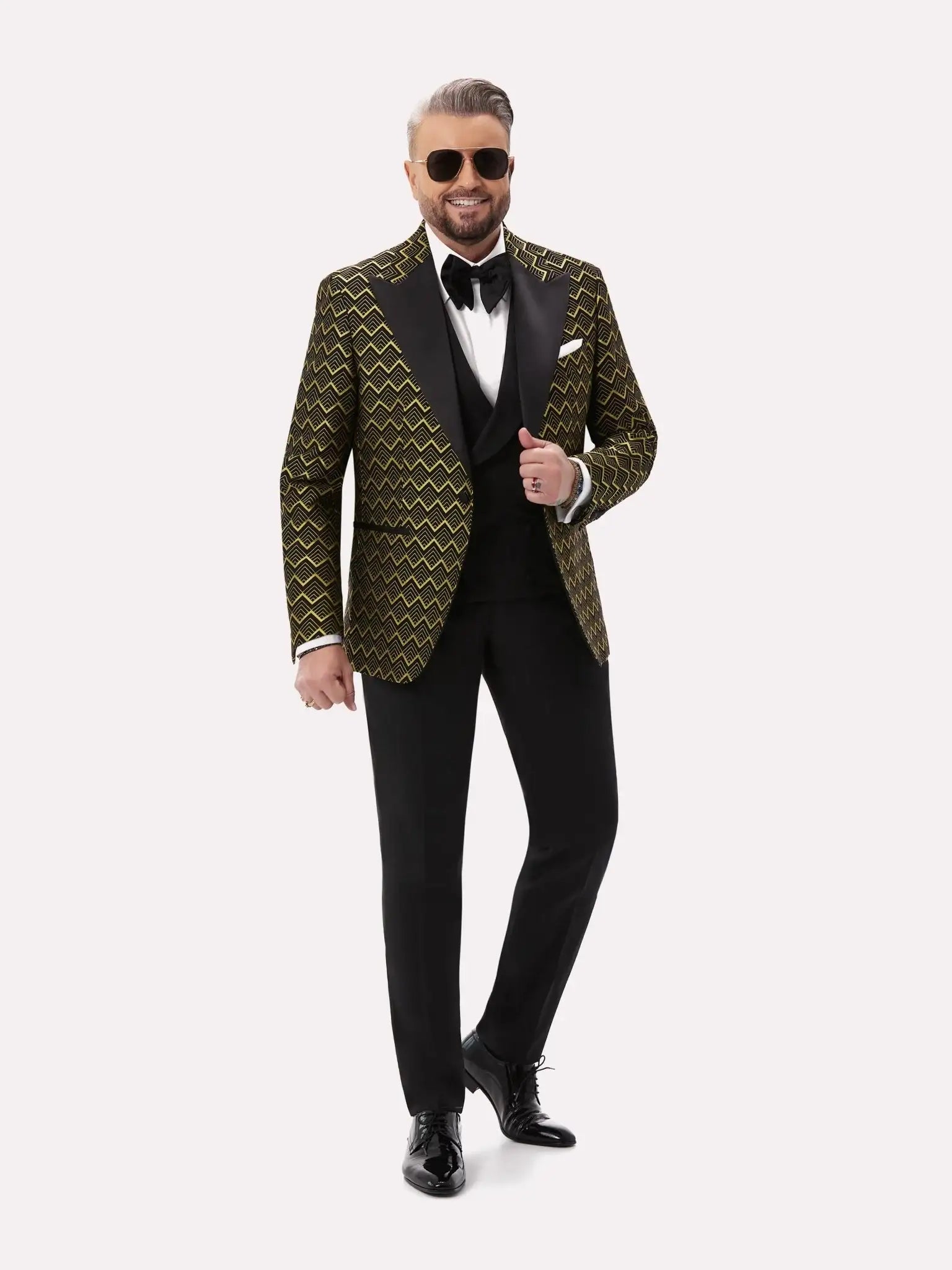 Black tuxedo jacket with golden geometric pattern