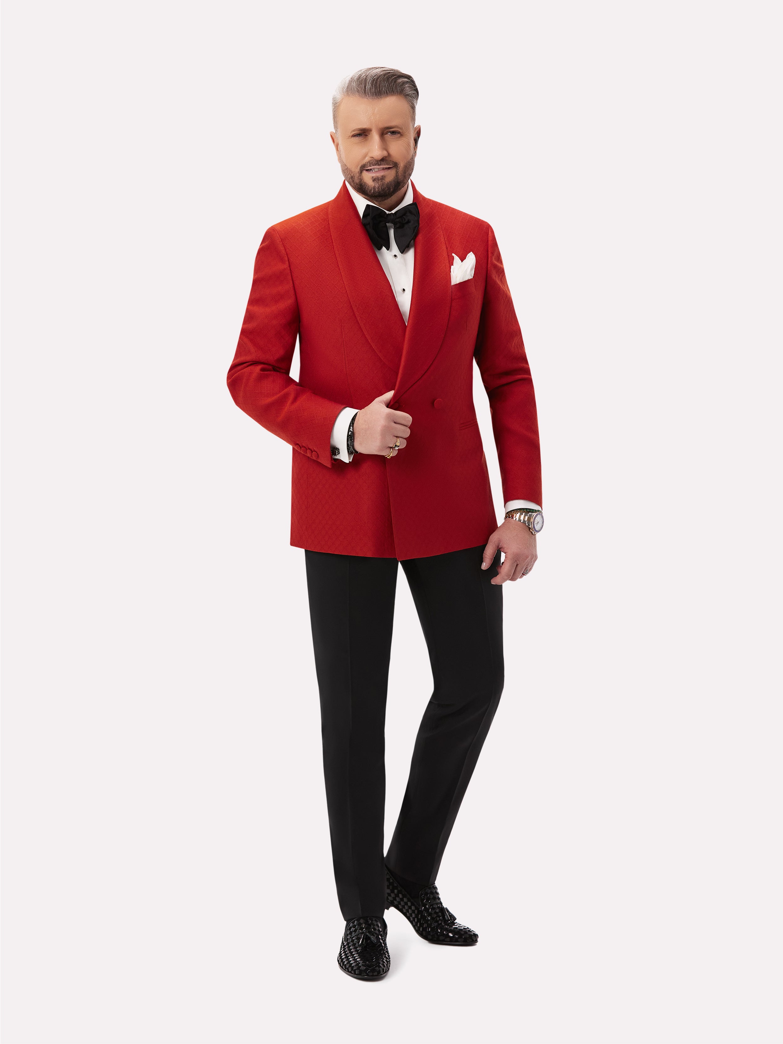 Red tuxedo jacket with two rows of buttons